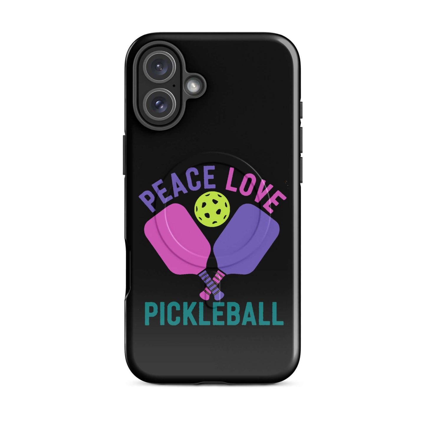 Peace, Love, Pickleball design on a black MagSafe Tough Case for iPhone, featuring colorful paddles and a pickleball.