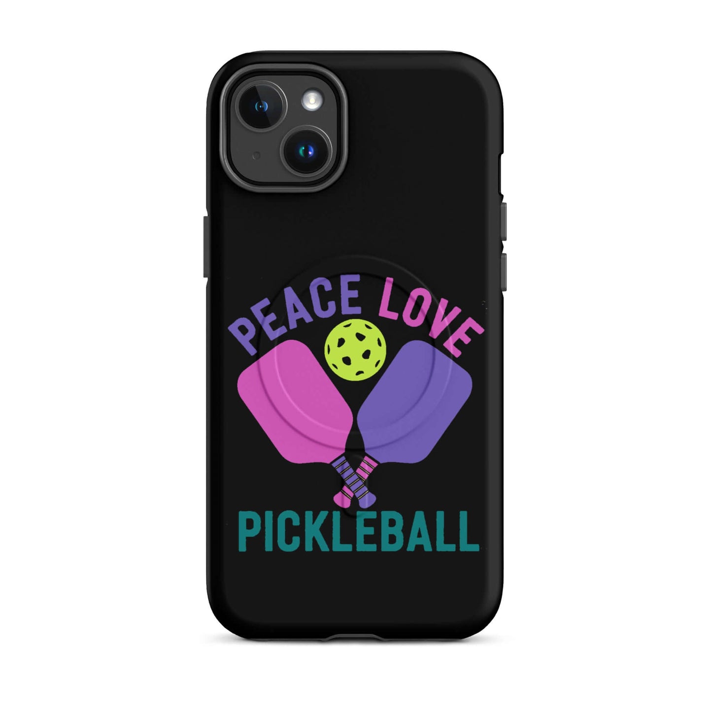 Peace Love Pickleball black MagSafe tough case for iPhone featuring colorful paddles and a pickleball.