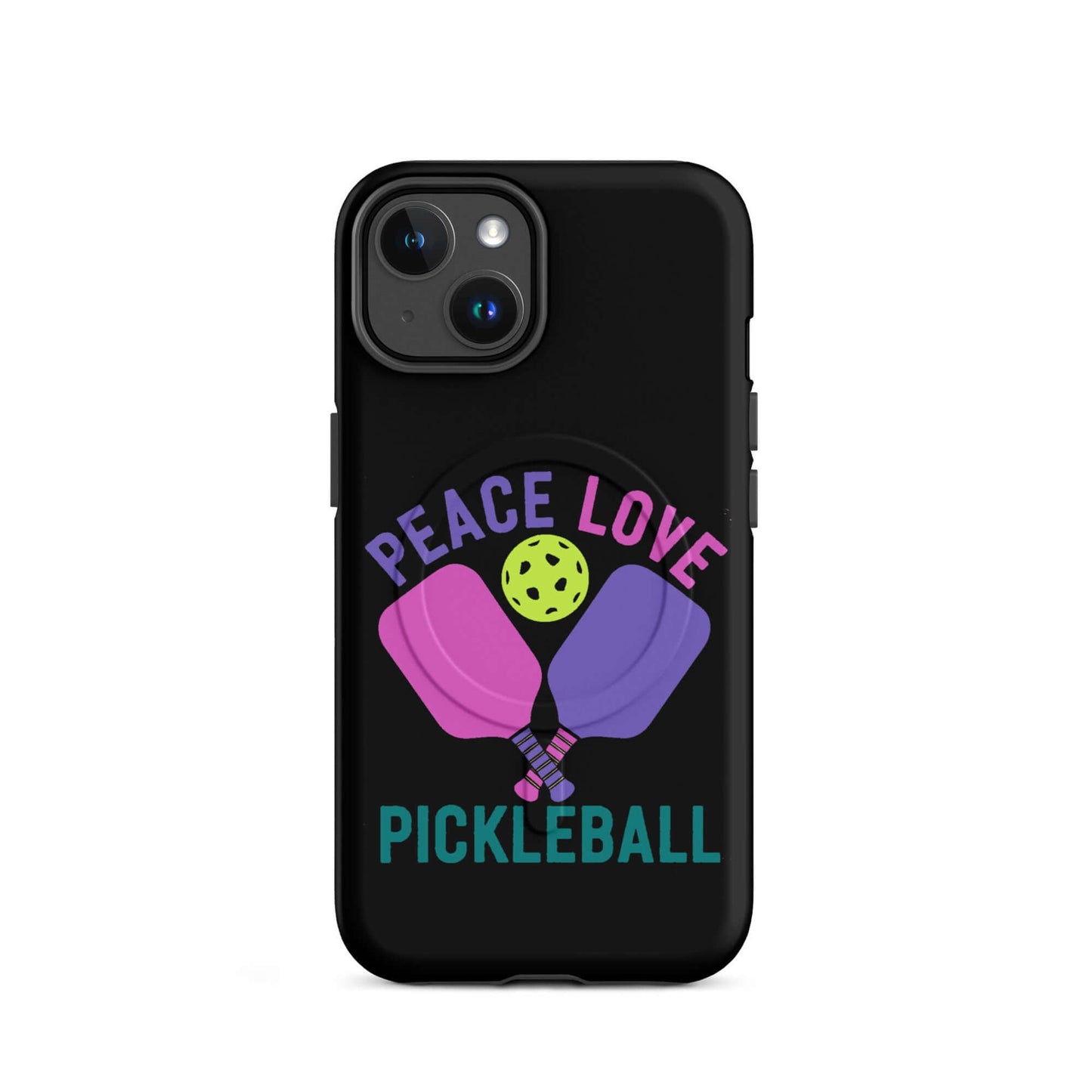 Black iPhone case with Peace Love Pickleball design featuring colorful paddles and a pickleball.