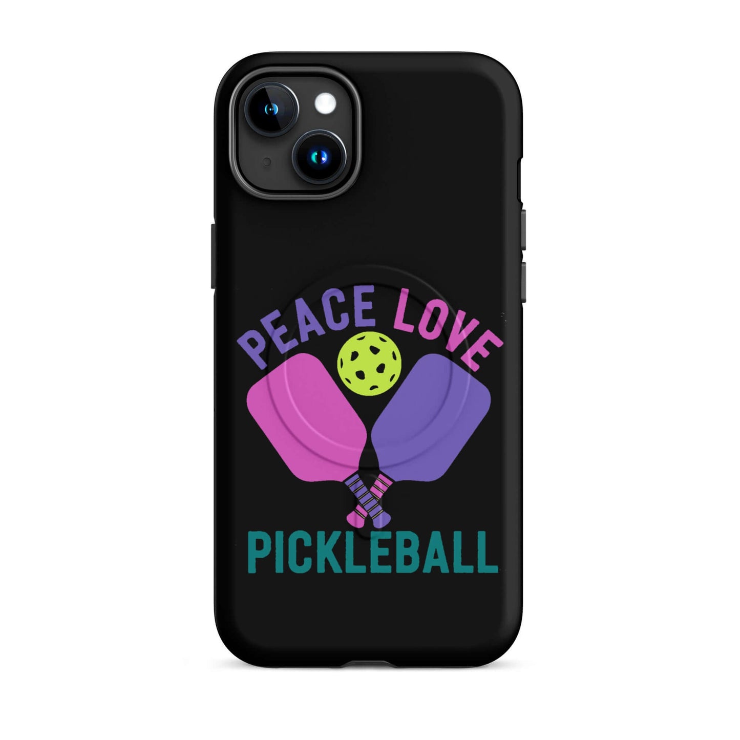 Black MagSafe® Tough Case for iPhone® featuring 'Peace, Love, Pickleball' design with paddles and ball.