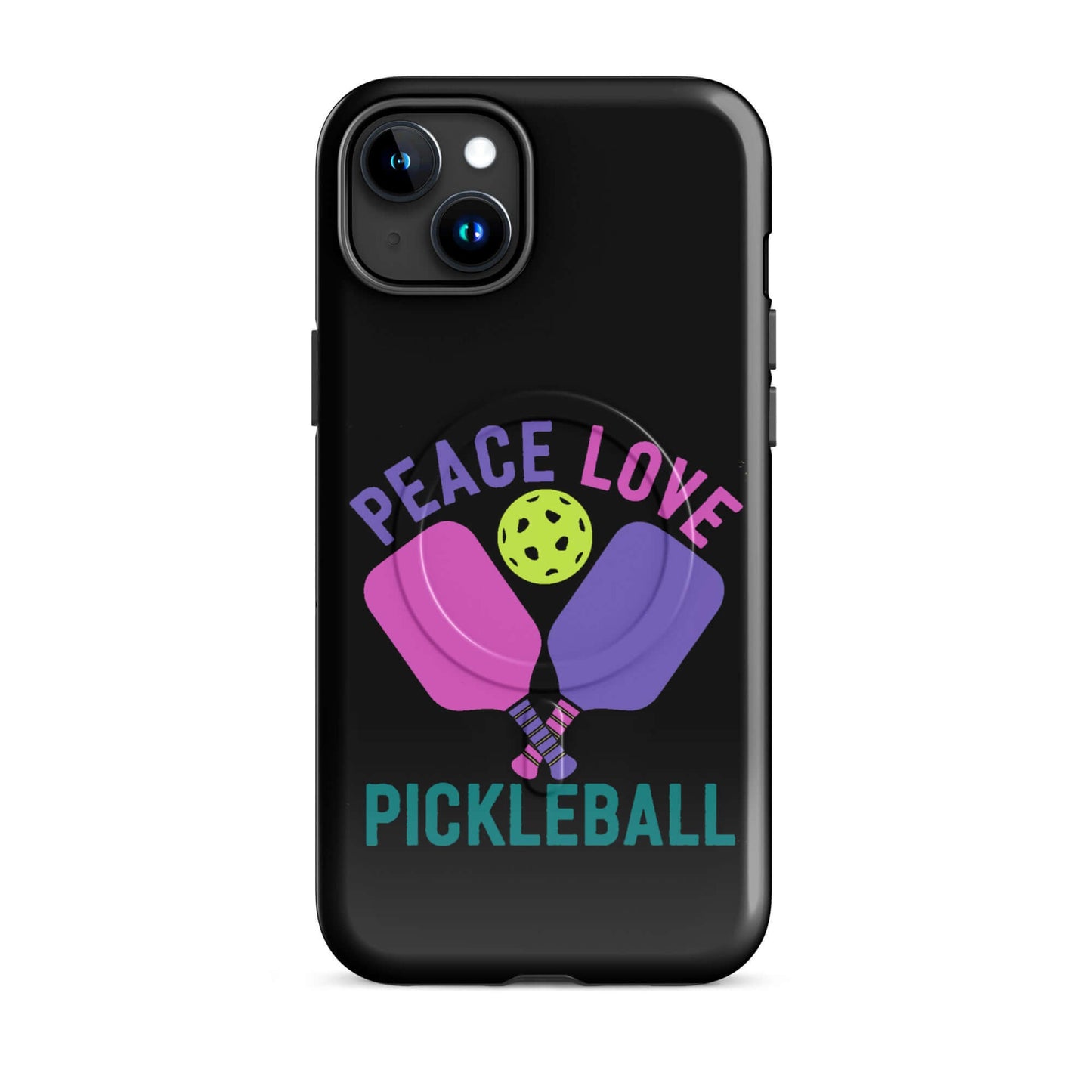 Peace Love Pickleball iPhone case featuring colorful paddles and a pickleball design on a black background.