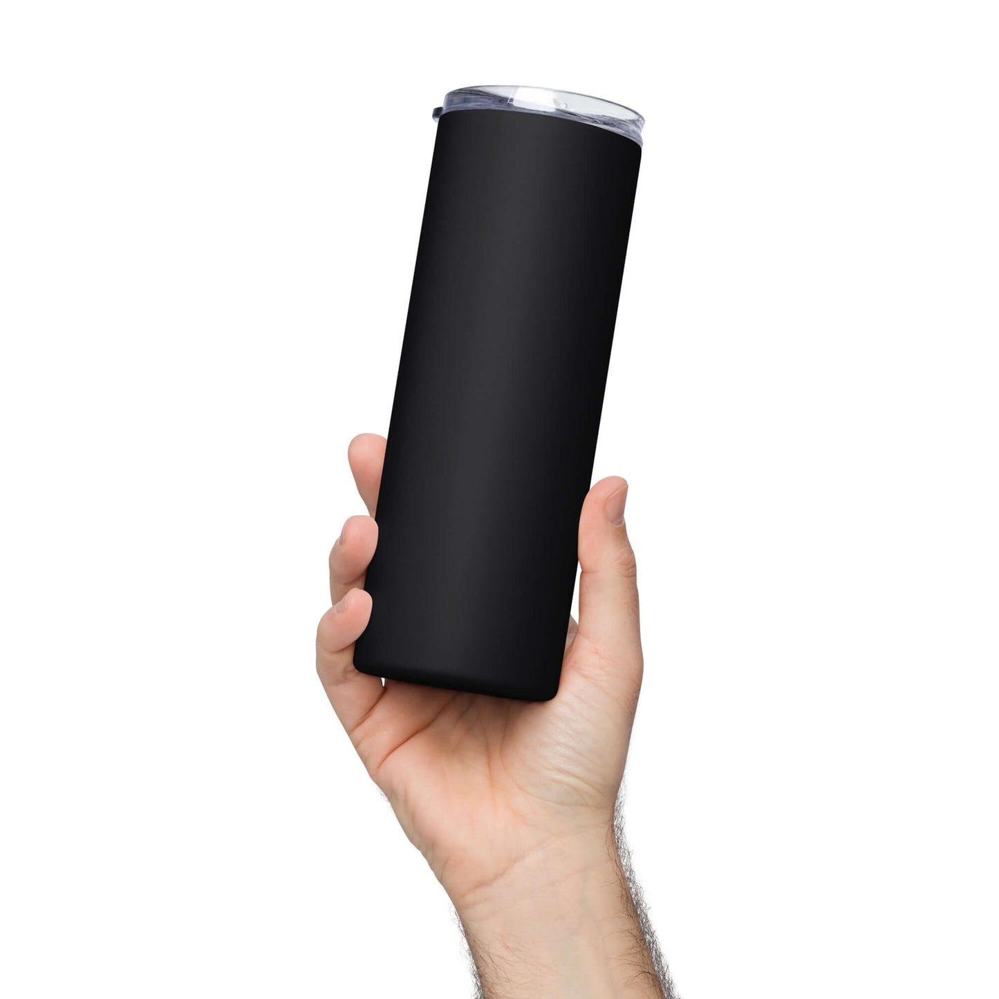 Hand holding a sleek black stainless steel tumbler, perfect for on-the-go hydration.