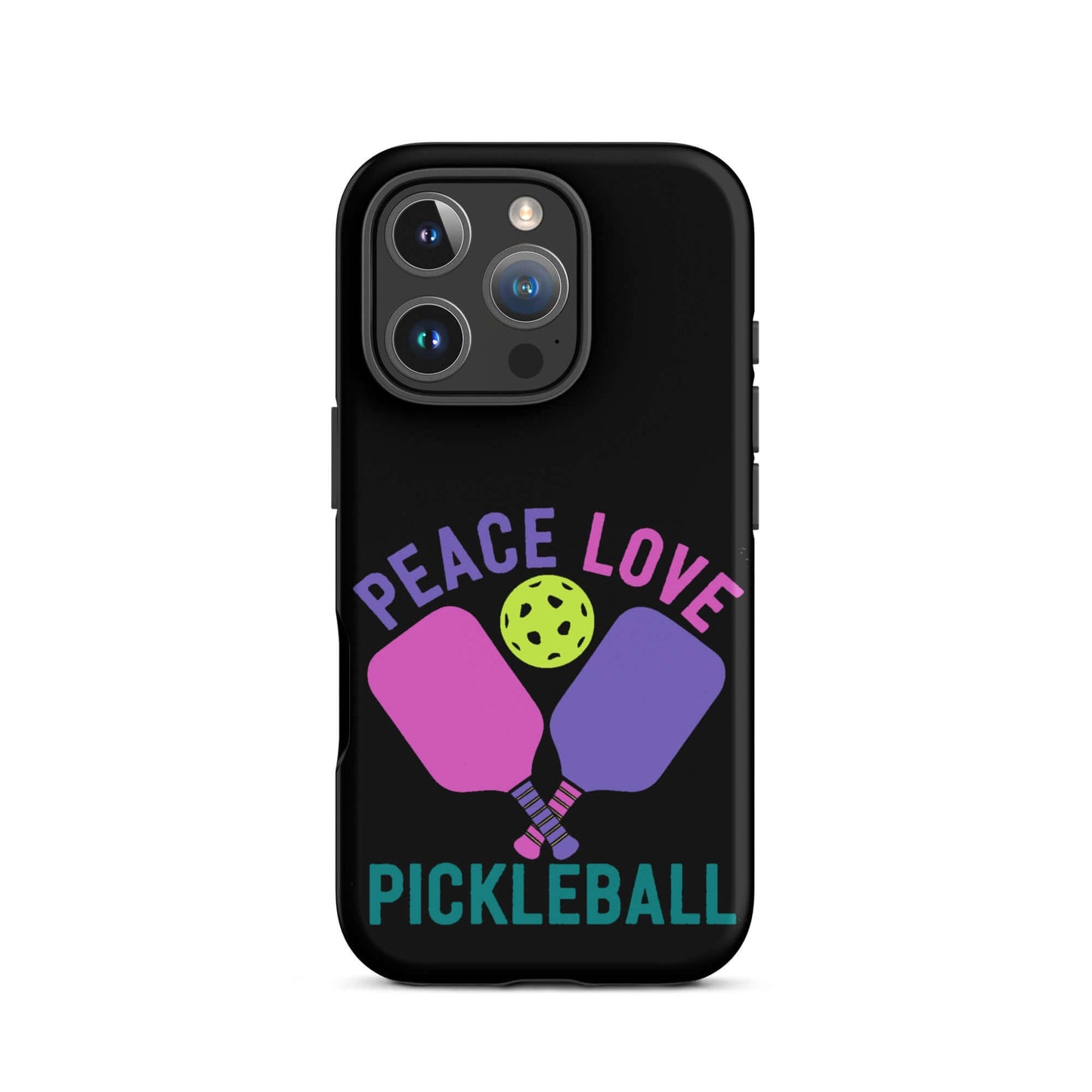 Peace, Love, Pickleball black tough case for iPhone® featuring paddles and a pickleball design.