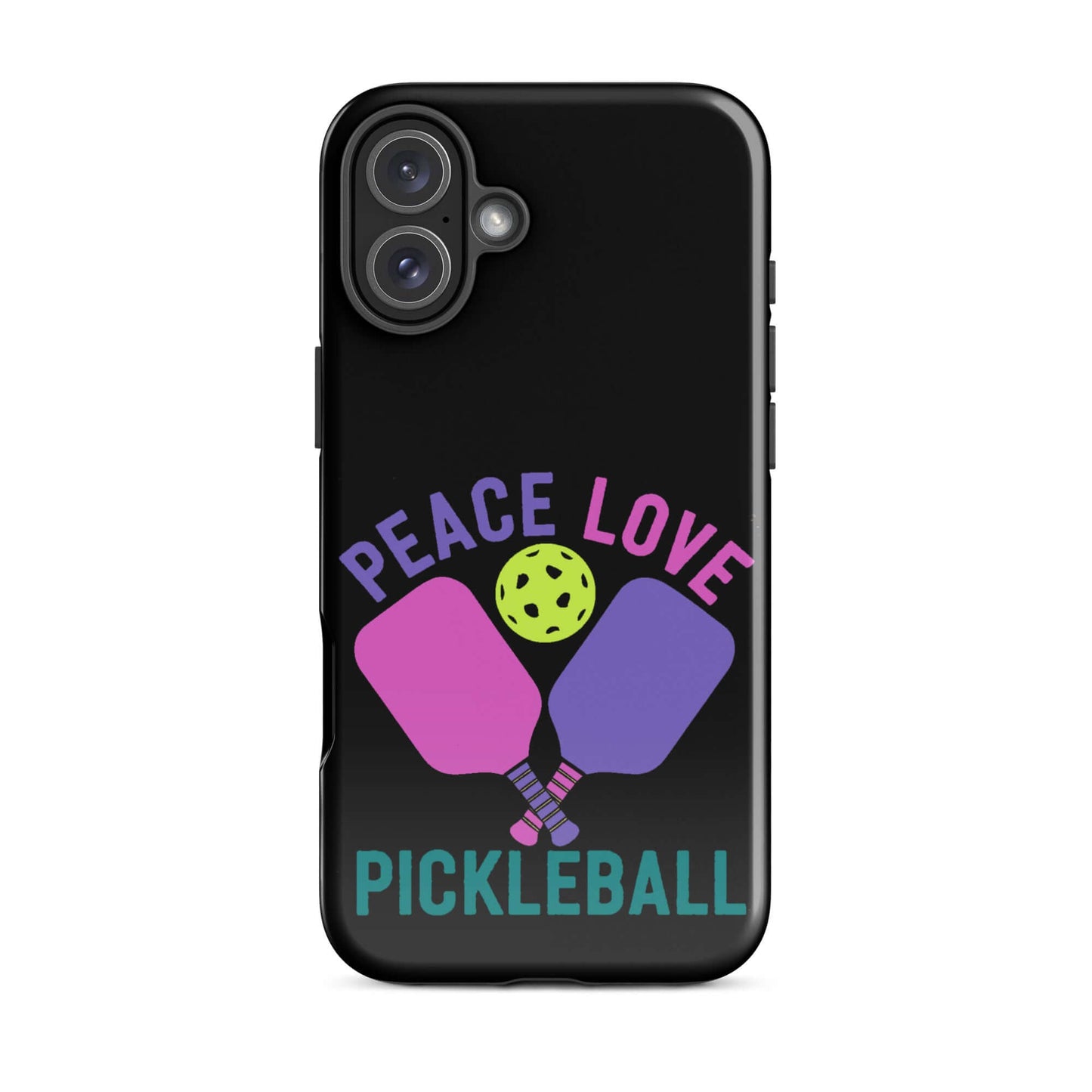 Peace, Love, Pickleball black tough case for iPhone featuring paddles and a ball design.