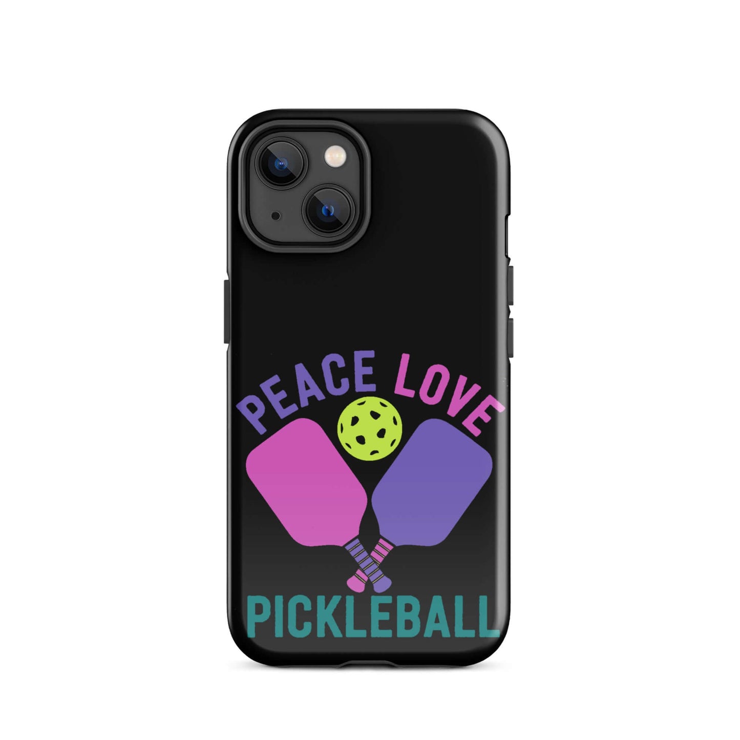 Peace, Love, Pickleball black tough case for iPhone with paddles and ball design.