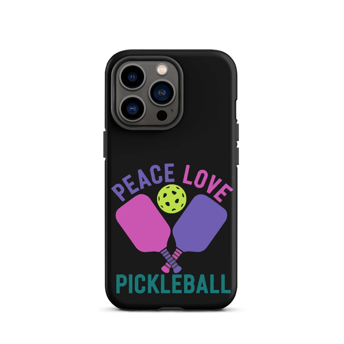 Peace, Love, Pickleball Black Tough Case for iPhone® with paddle and ball design, perfect for pickleball enthusiasts.