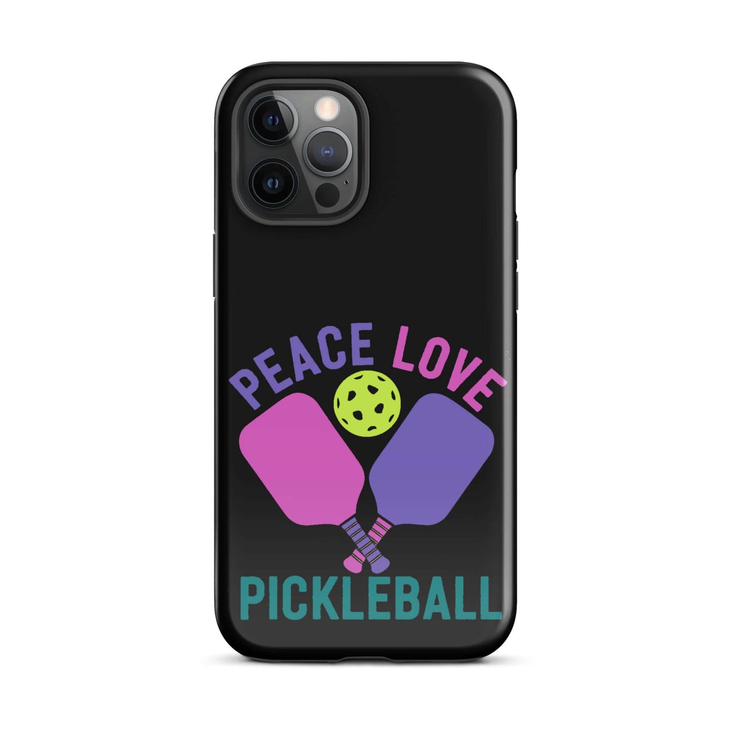 Peace, Love, Pickleball Black Tough Case for iPhone® with colorful paddles and ball design.