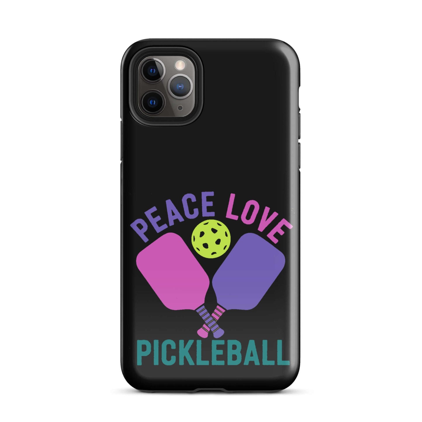 Peace Love Pickleball black iPhone case with paddles and a pickleball graphic design.