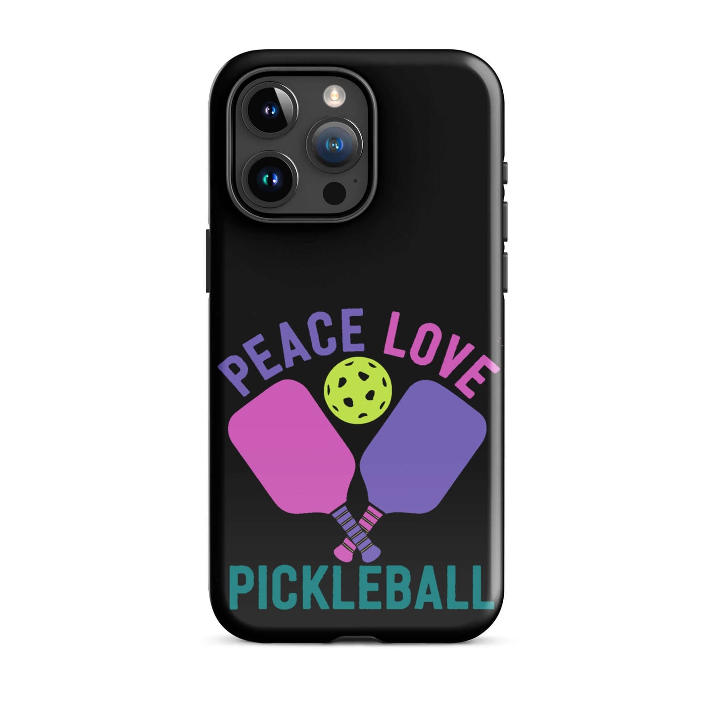 Peace, Love, Pickleball black tough case for iPhone featuring graphic with paddles and ball.