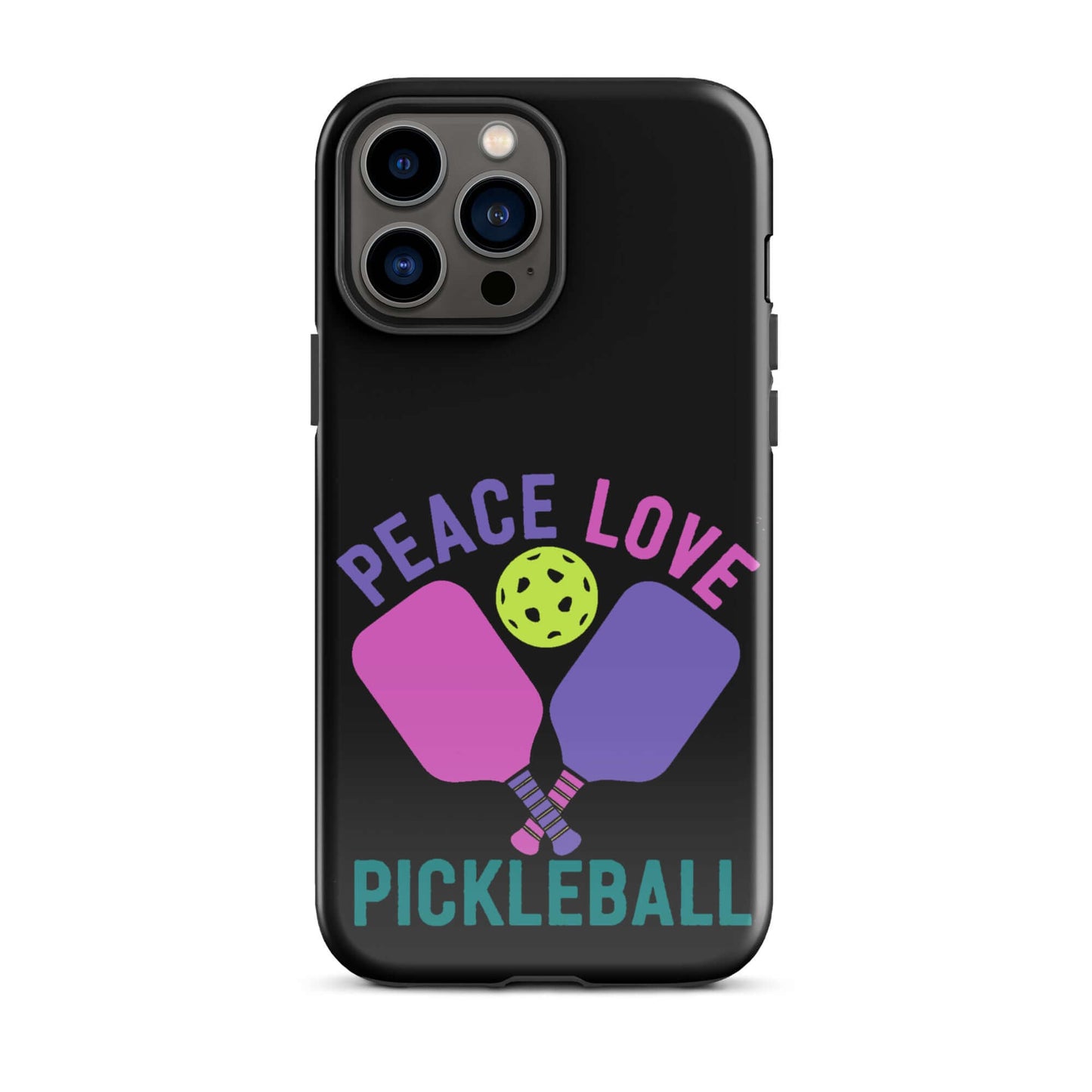 Peace, Love, Pickleball black tough case for iPhone® featuring paddles and pickleball graphic.