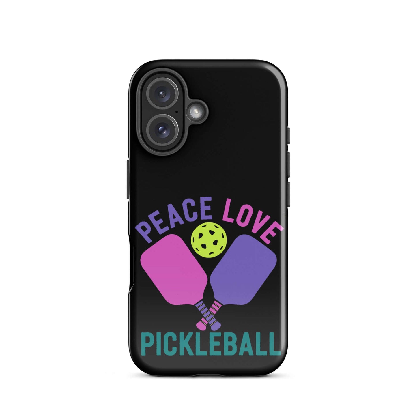 Peace, Love, Pickleball black tough case for iPhone® featuring paddles and a pickleball design.