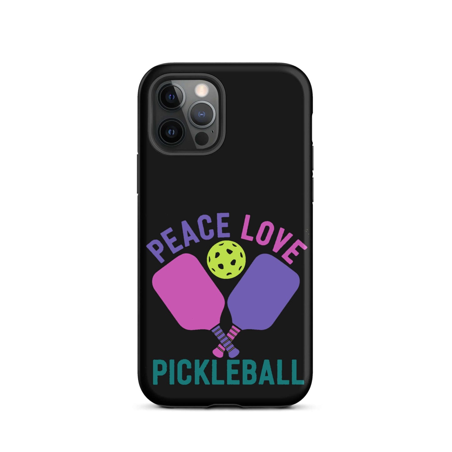 Peace Love Pickleball black tough case for iPhone showcasing vibrant pickleball paddle design.
