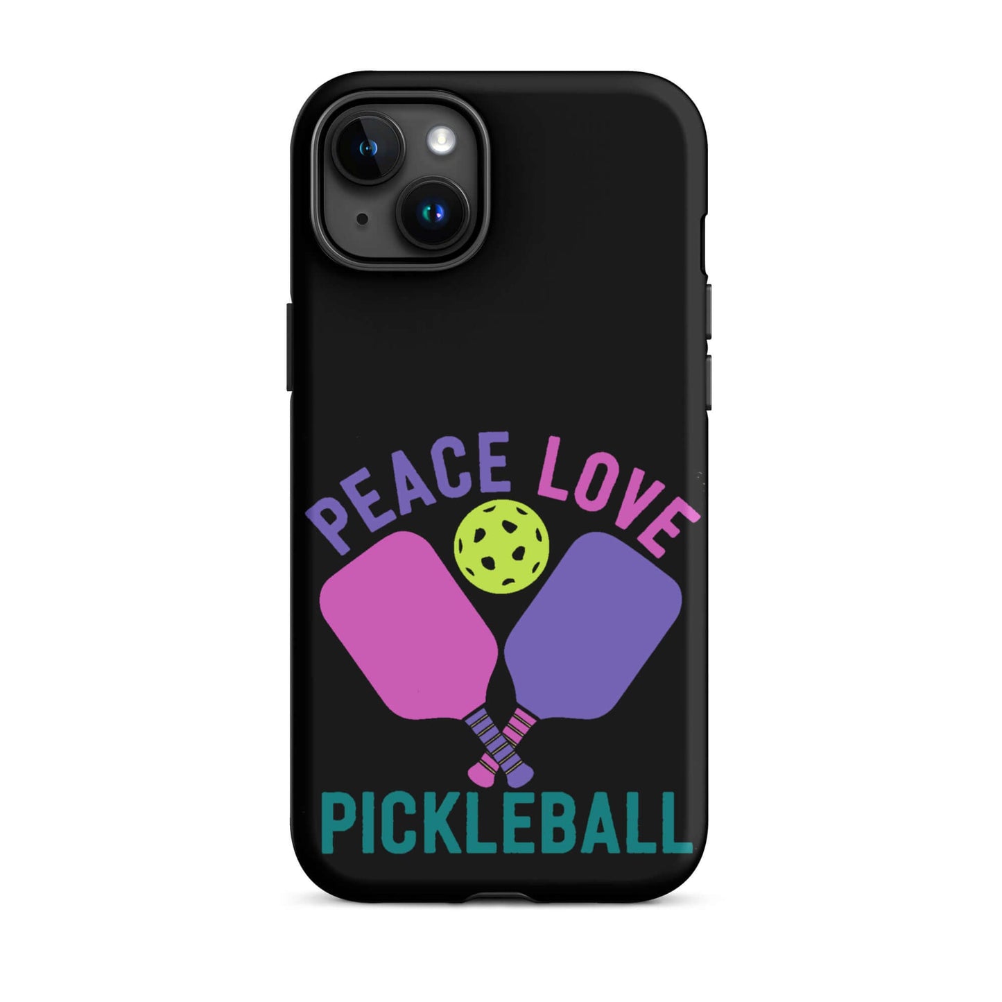 Peace, Love, Pickleball Black Tough Case for iPhone featuring paddles and a ball design.