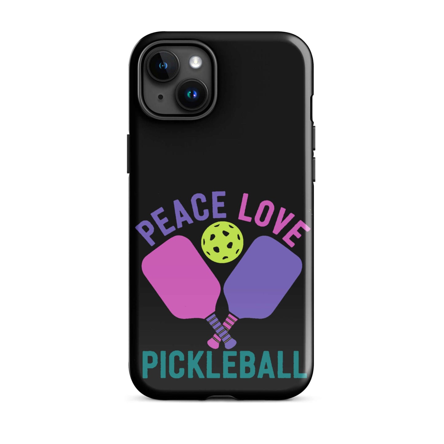 Peace, Love, Pickleball black iPhone tough case featuring paddles and pickleball design.