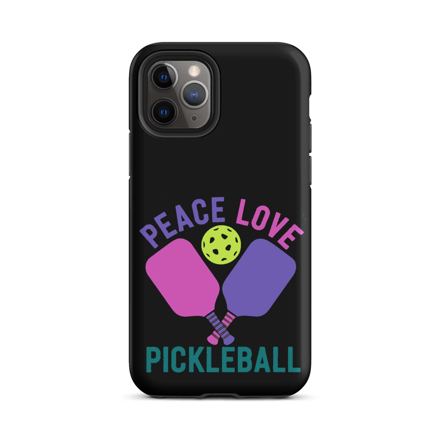 Peace Love Pickleball black tough case for iPhone with paddles and ball design, perfect for pickleball enthusiasts.