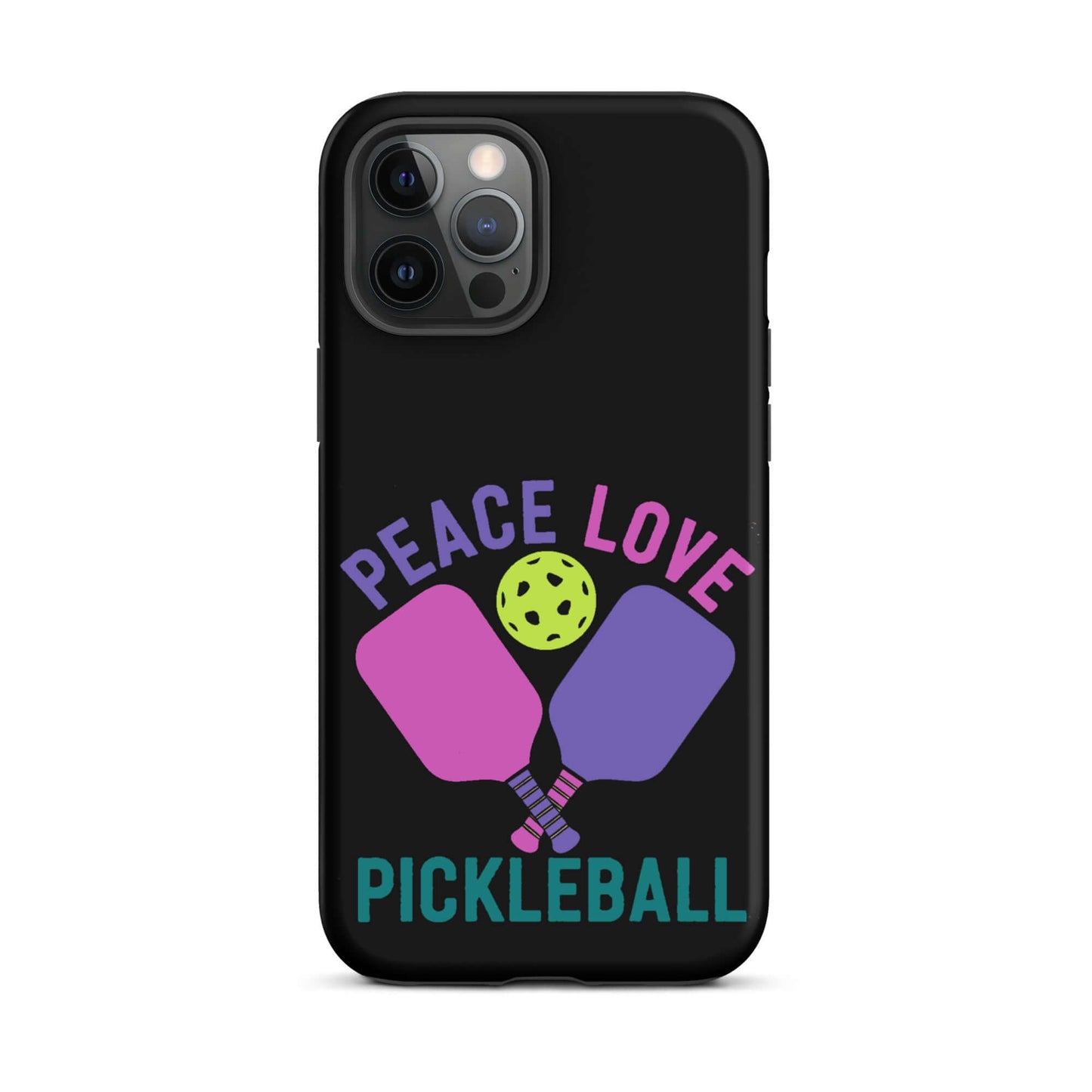 Peace Love Pickleball iPhone tough case featuring paddles and pickleball, perfect for enthusiasts.