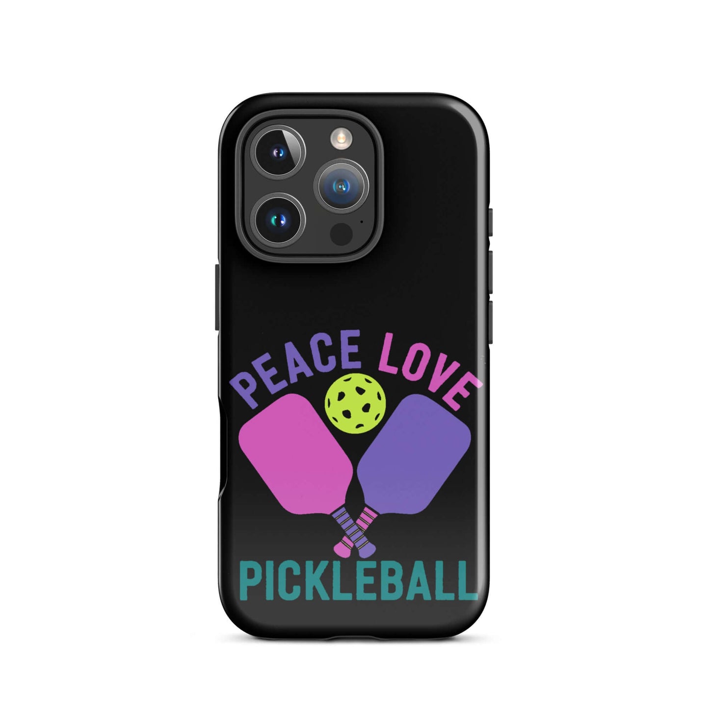 Peace, Love, Pickleball black phone case for iPhone featuring paddles and a pickleball design.