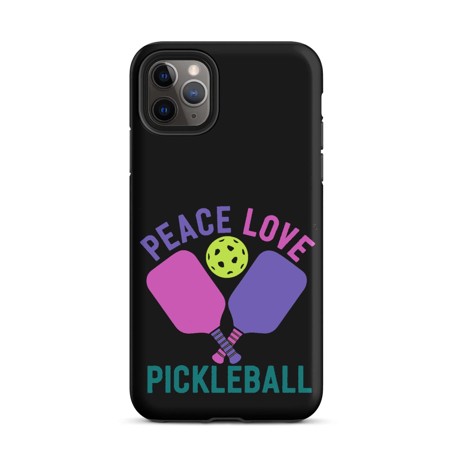 Peace Love Pickleball Black Tough Case for iPhone® featuring paddles and a ball design.