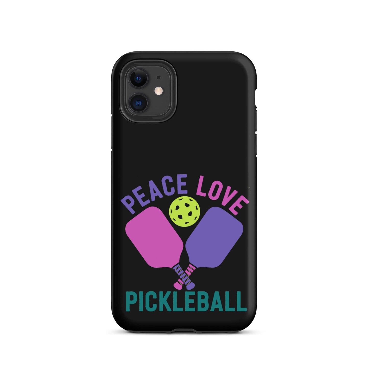 Peace, Love, Pickleball black iPhone case featuring paddles and a pickleball graphic.