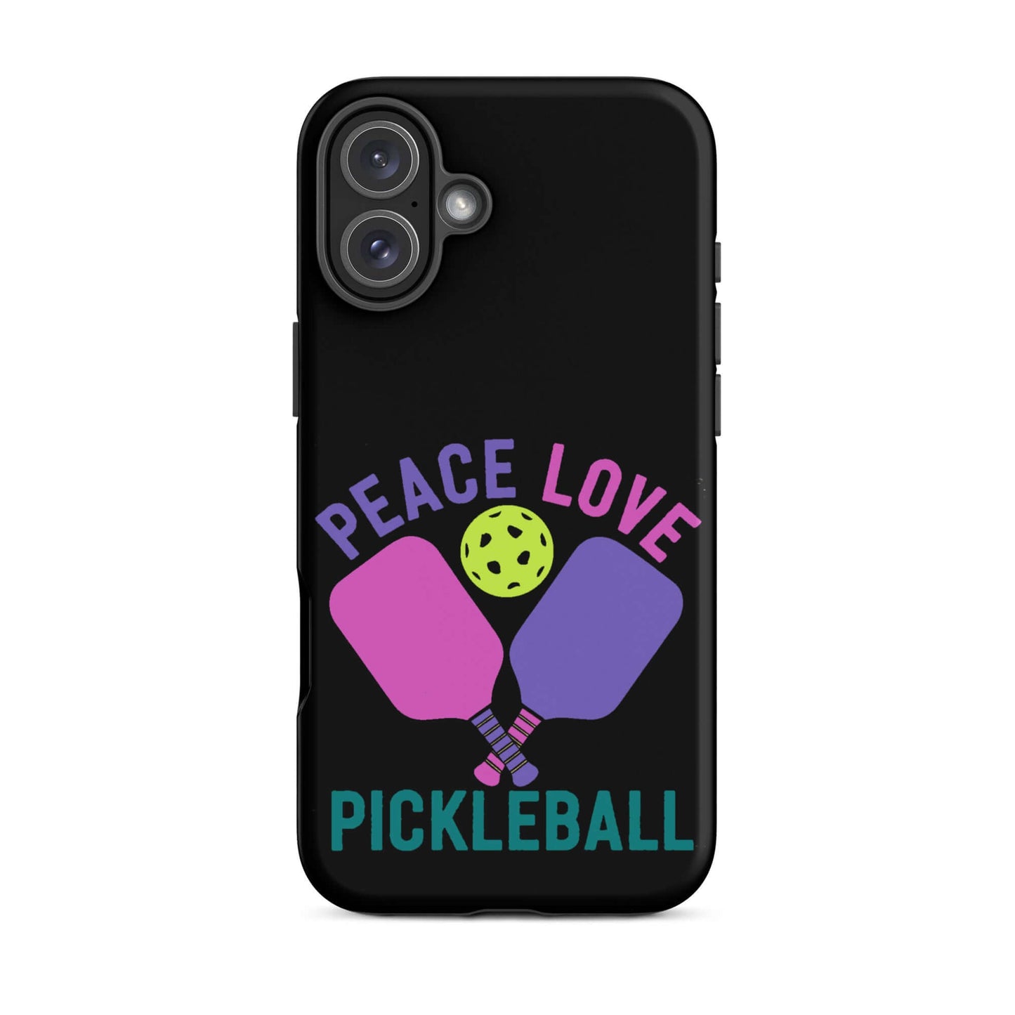 Peace Love Pickleball black tough case for iPhone with paddles and ball design, perfect for pickleball lovers.