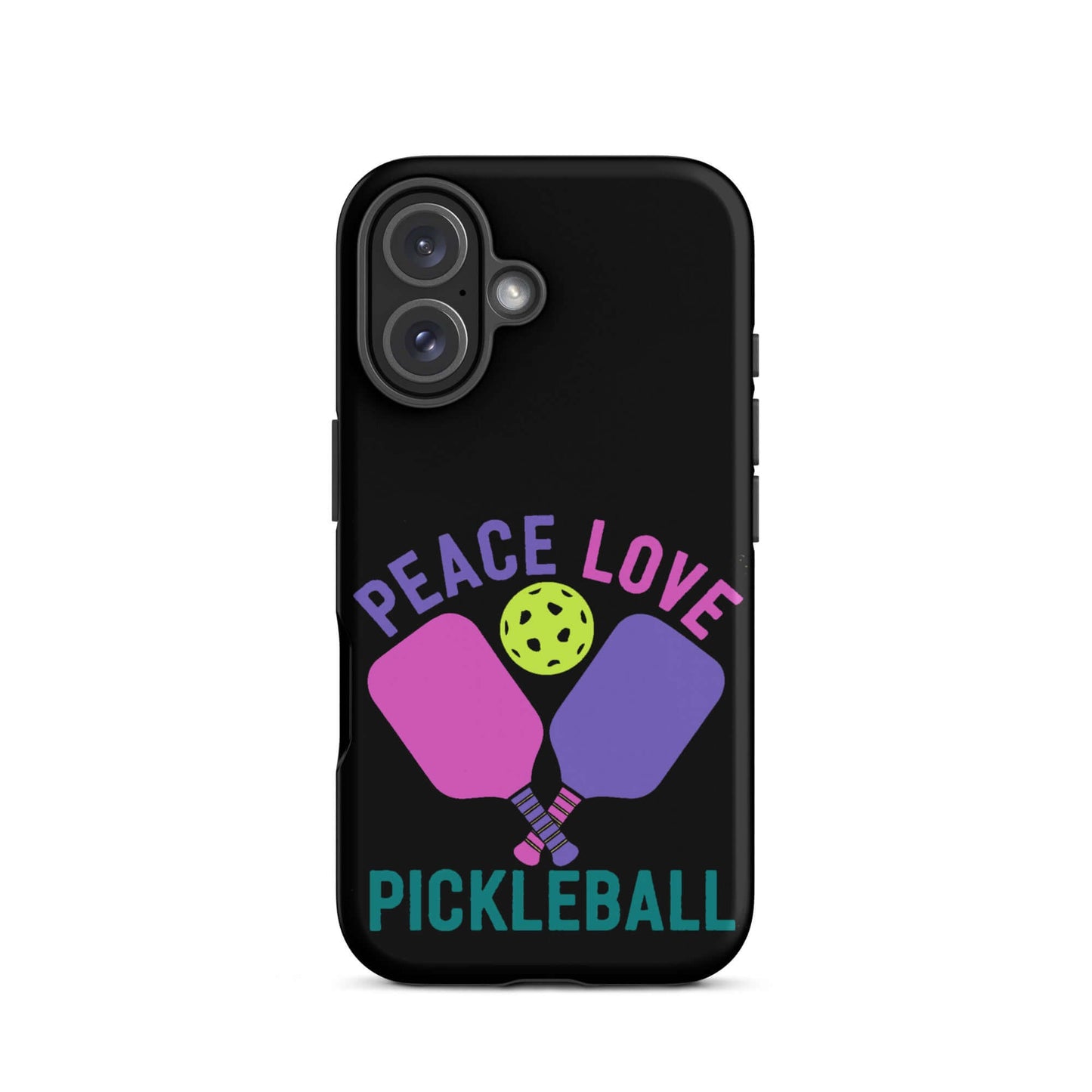 Peace, Love, Pickleball black tough iPhone case featuring paddles and ball graphic.