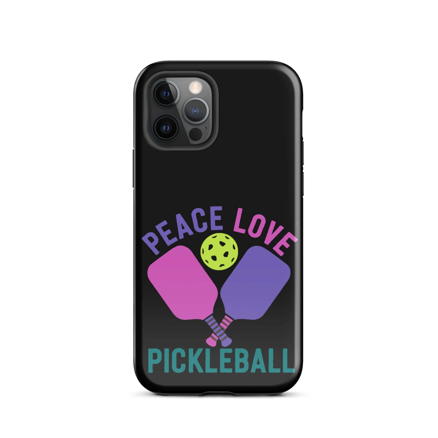 Peace, Love, Pickleball black tough case for iPhone, showcasing pickleball paddles and ball design.