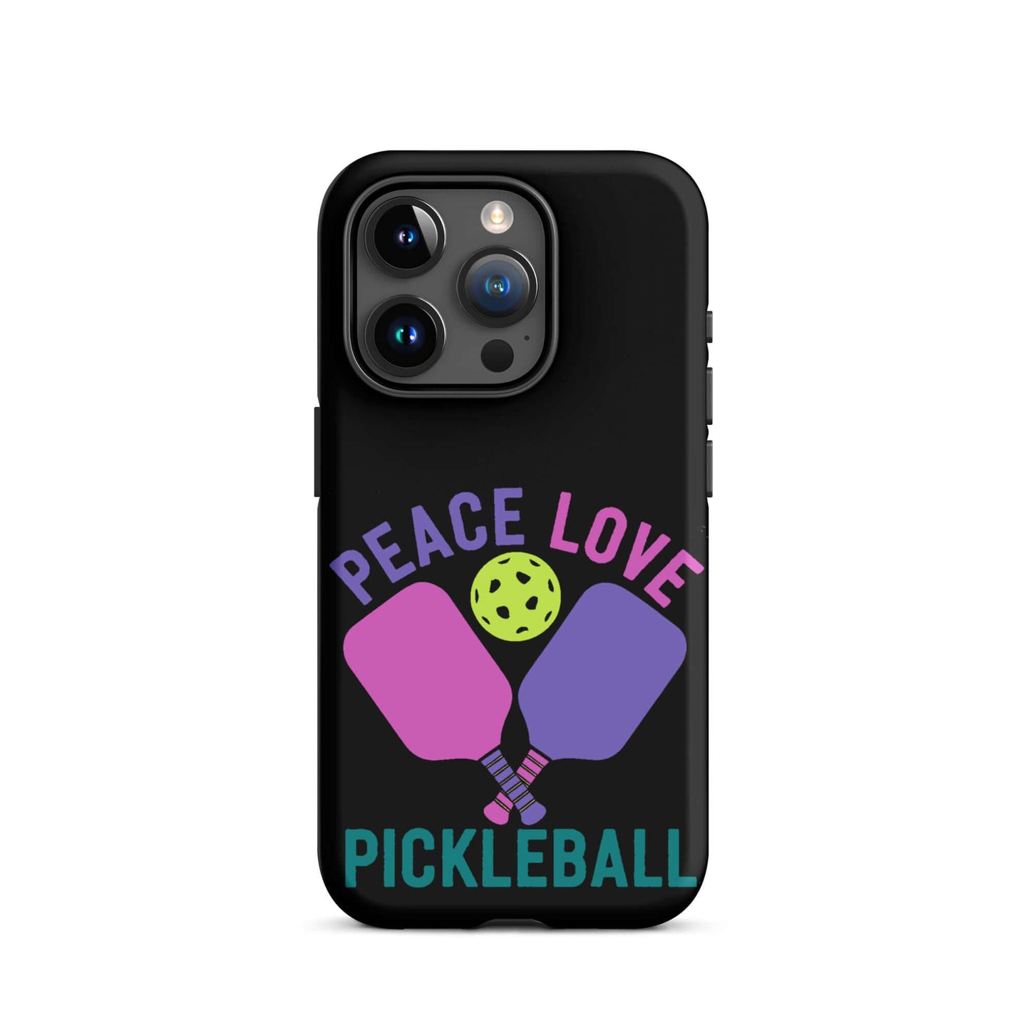 Peace, Love, Pickleball black tough case for iPhone featuring paddles and a pickleball design.