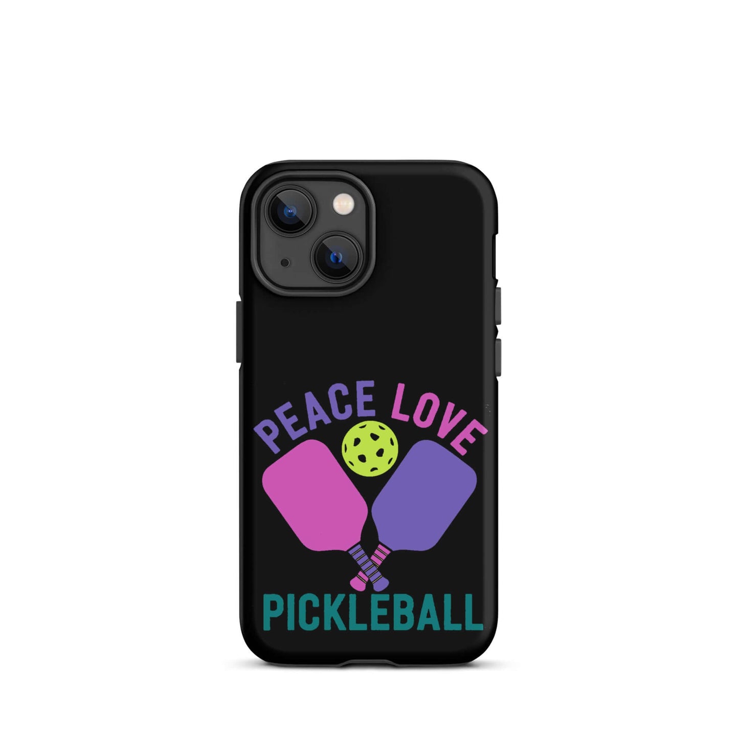 Peace Love Pickleball black tough case for iPhone with paddles and ball design, perfect for pickleball fans.