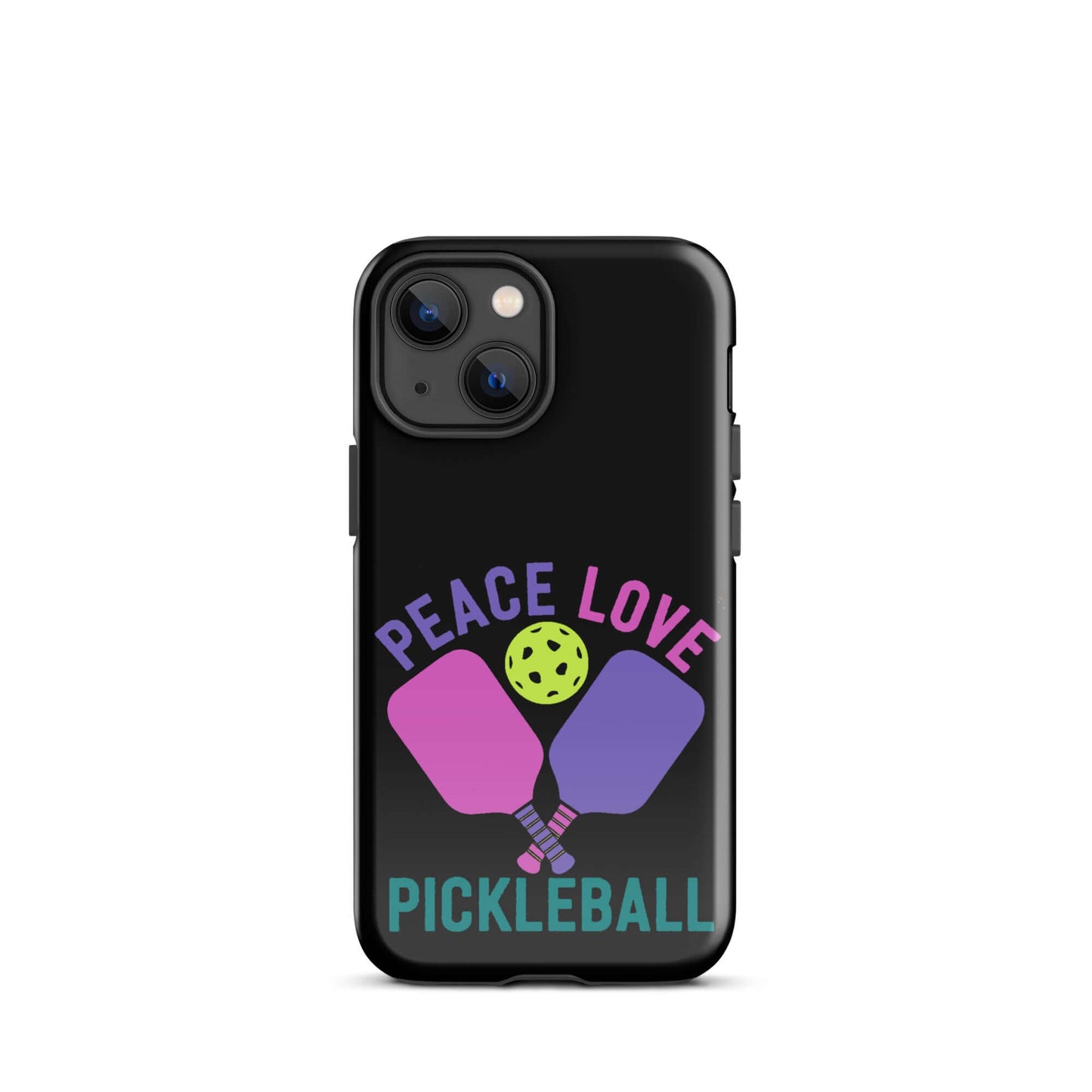 Peace, Love, Pickleball black tough case for iPhone featuring paddles and ball design.