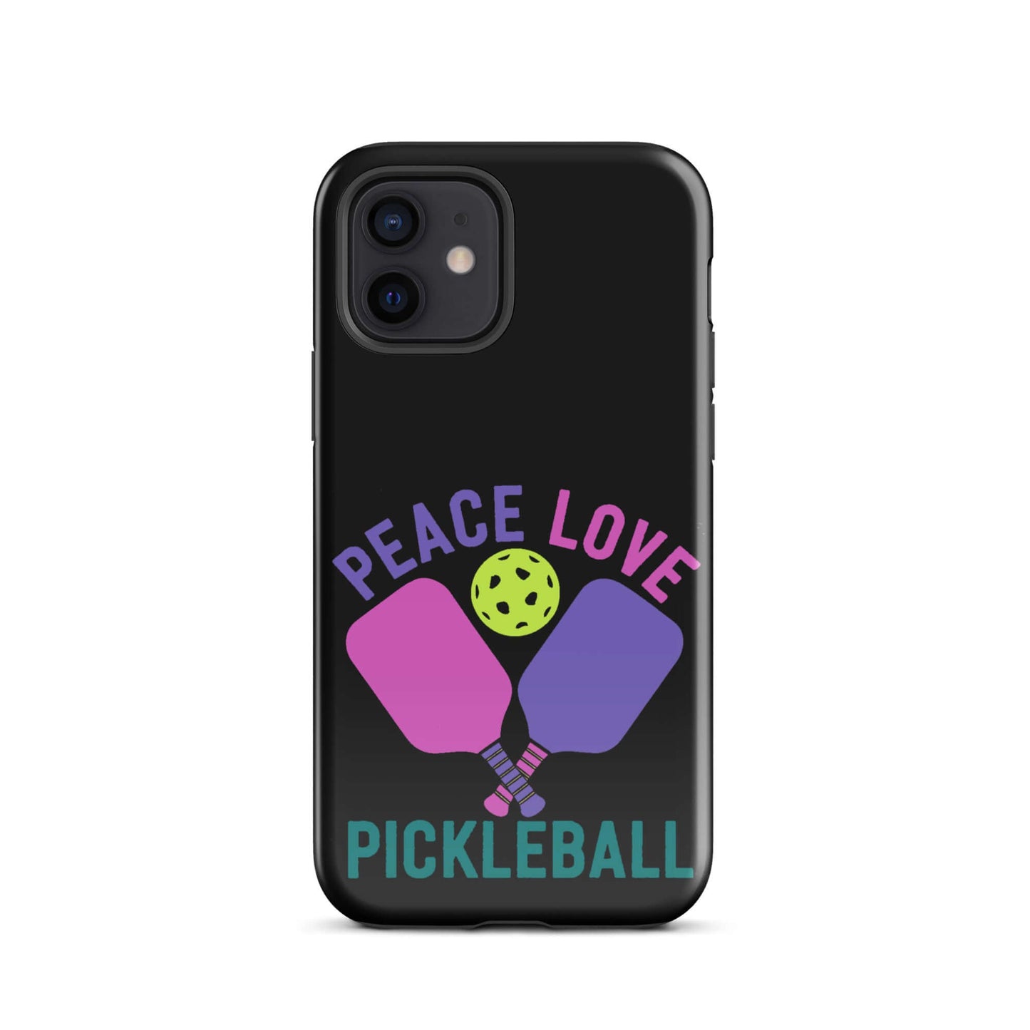 Black tough iPhone case featuring colorful pickleball design with 'Peace Love Pickleball' text.
