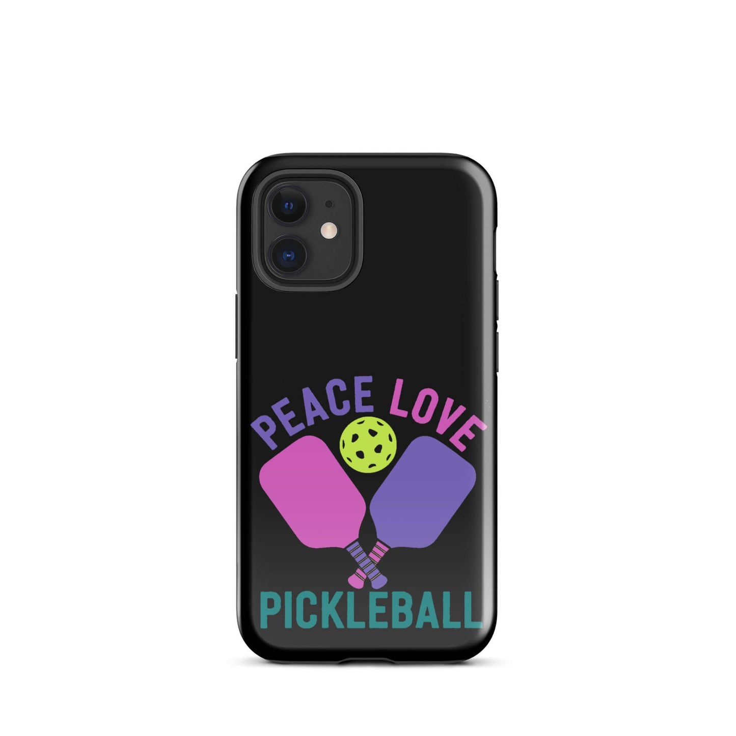 Peace Love Pickleball black iPhone tough case featuring paddles and pickleball graphic design.