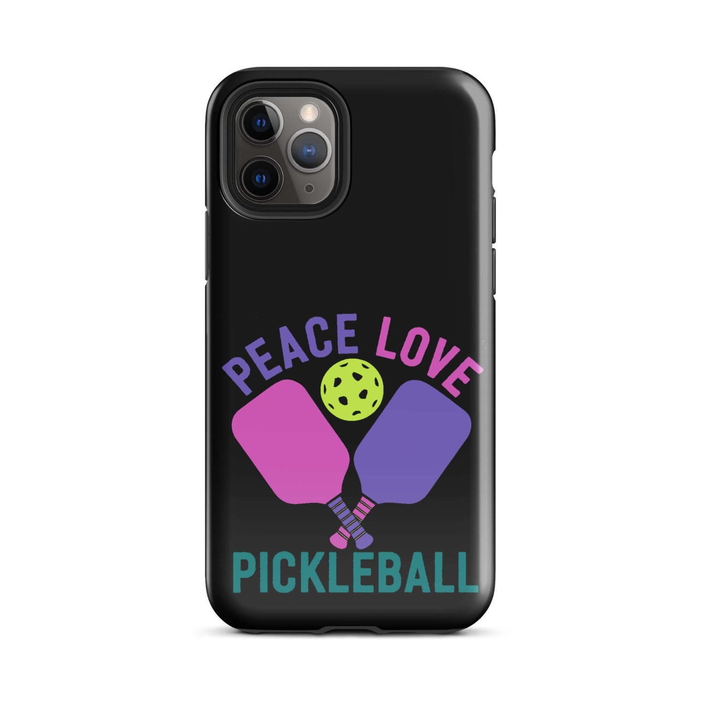 Peace, Love, Pickleball black tough case for iPhone showcasing paddles and a pickleball design.