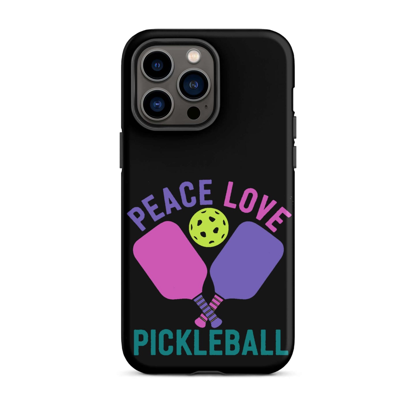 Peace Love Pickleball black tough case for iPhone with paddles and ball design, perfect for pickleball enthusiasts.