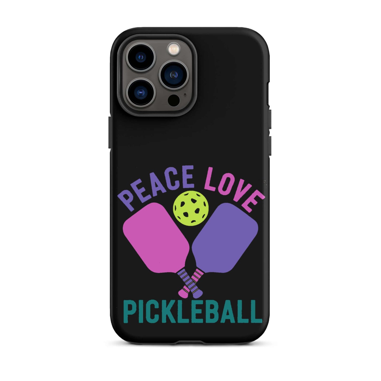 Peace Love Pickleball black tough case for iPhone® with paddles and ball graphics, perfect for pickleball enthusiasts.