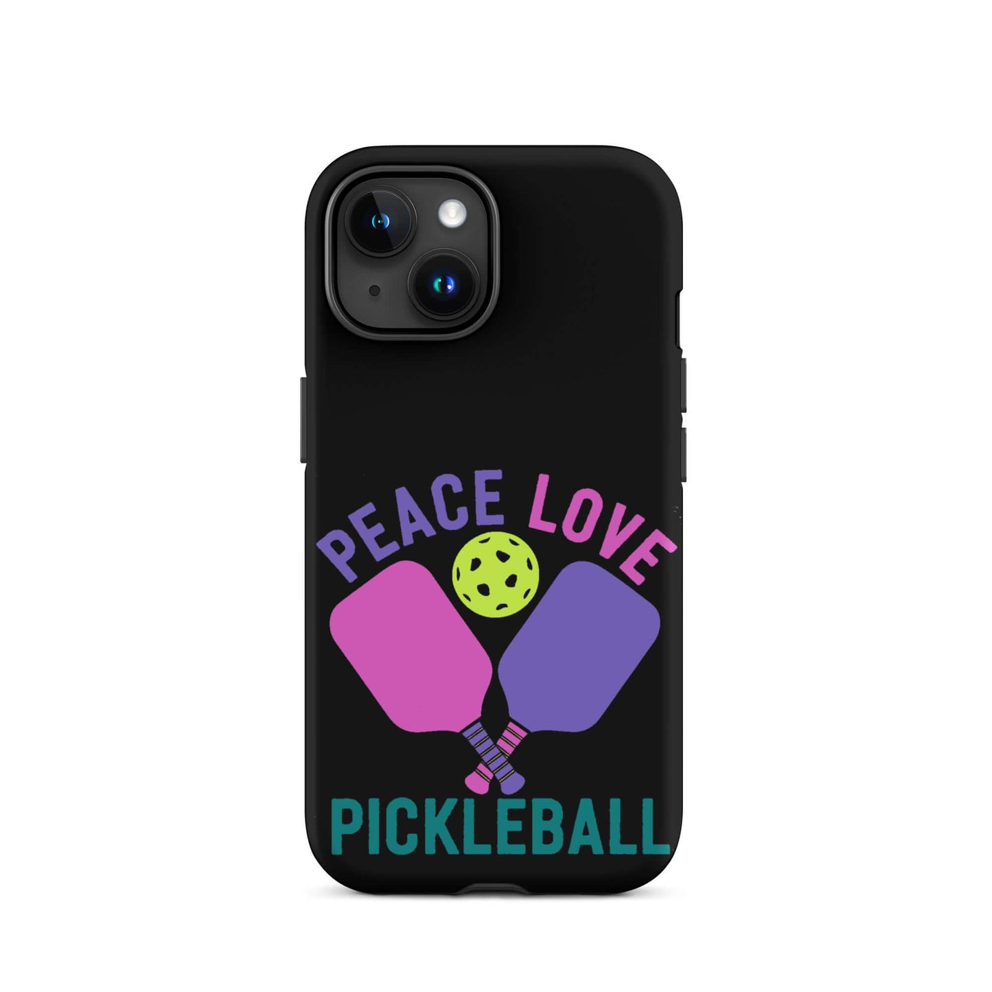 Peace, Love, Pickleball black tough case for iPhone® featuring pickleball paddles and ball design.
