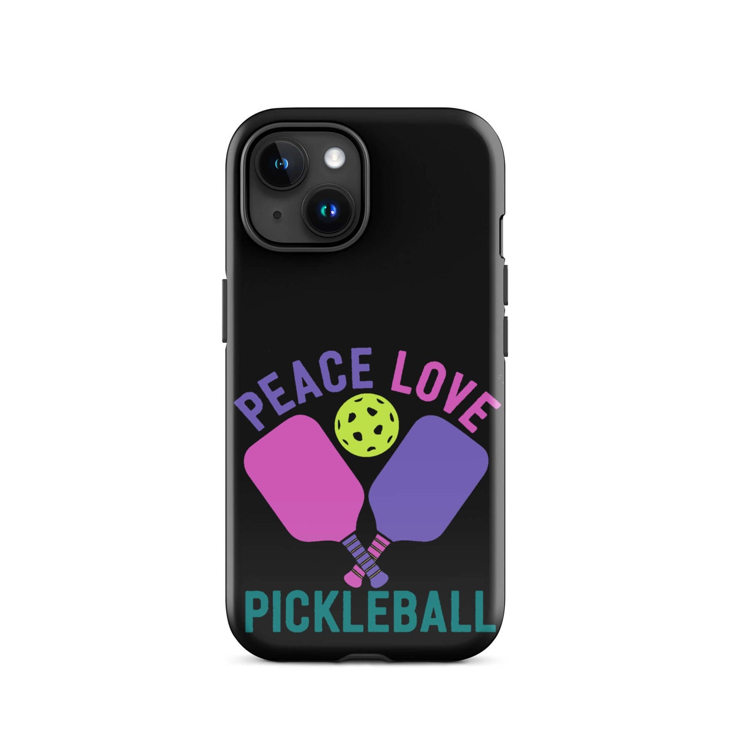 Peace, Love, Pickleball black iPhone tough case featuring paddles and a pickleball design.