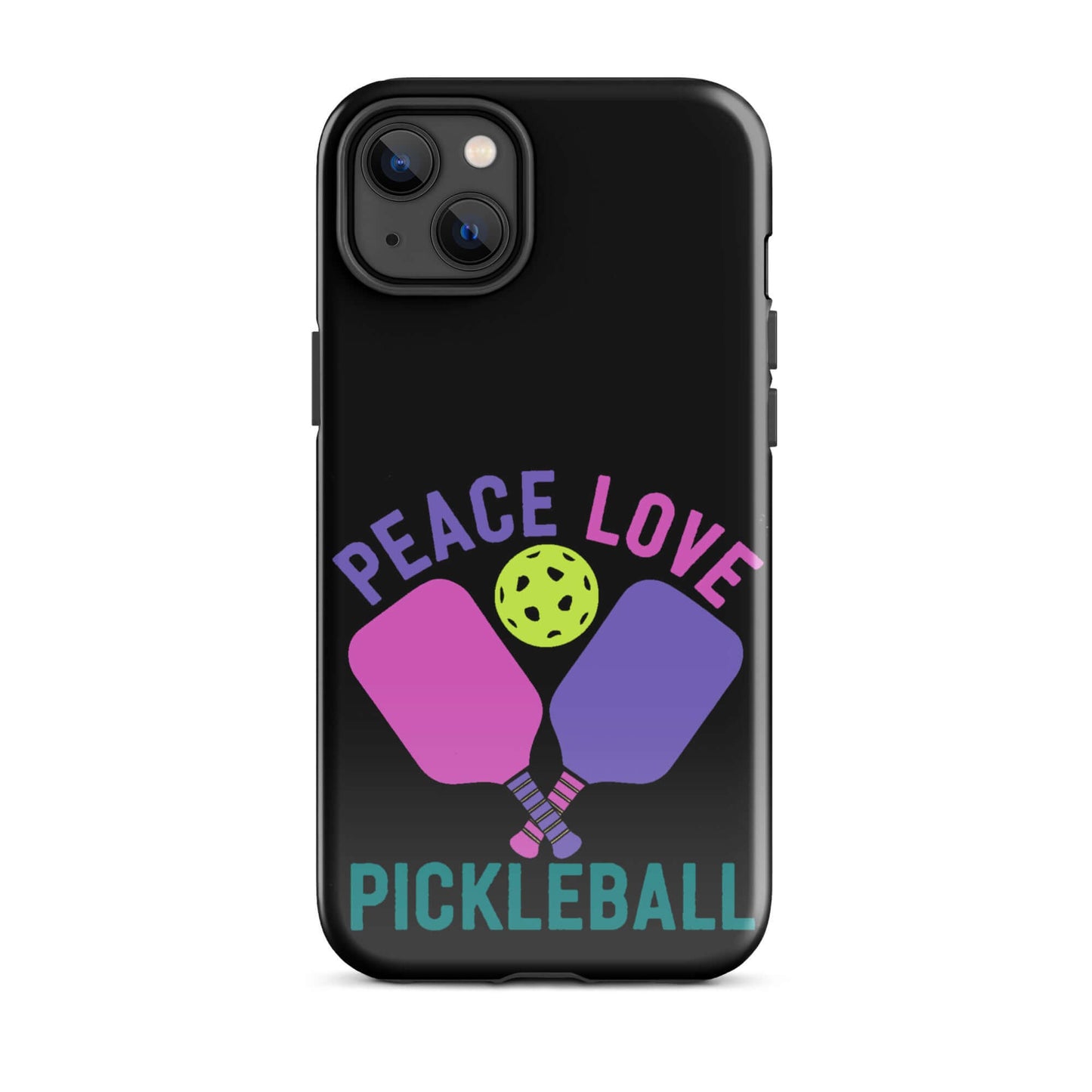Peace Love Pickleball Black Tough Case for iPhone with paddles and ball design, ideal for pickleball enthusiasts.