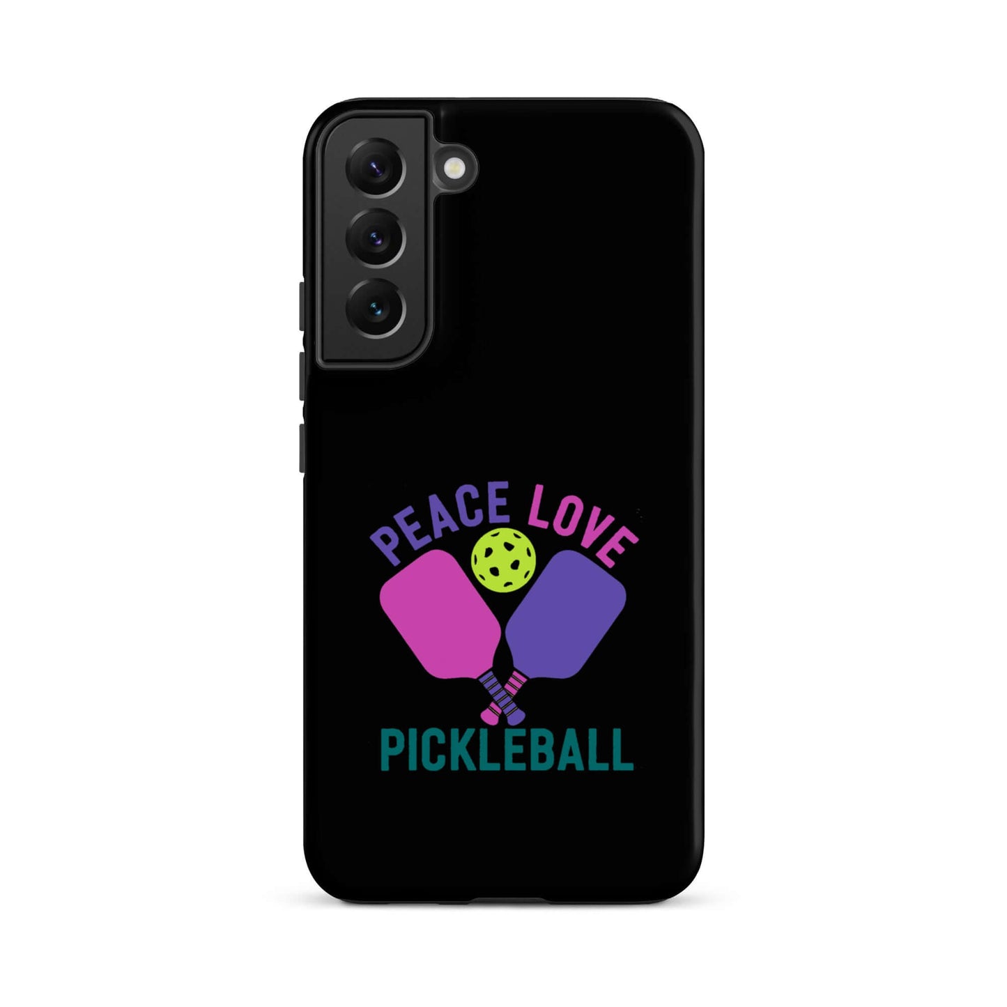 Peace Love Pickleball black tough case for Samsung Galaxy smartphones with colorful paddles and ball design.