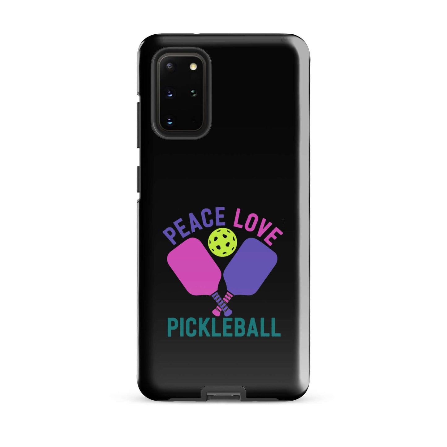 Peace Love Pickleball black tough case for Samsung Galaxy smartphones with colorful graphic design.