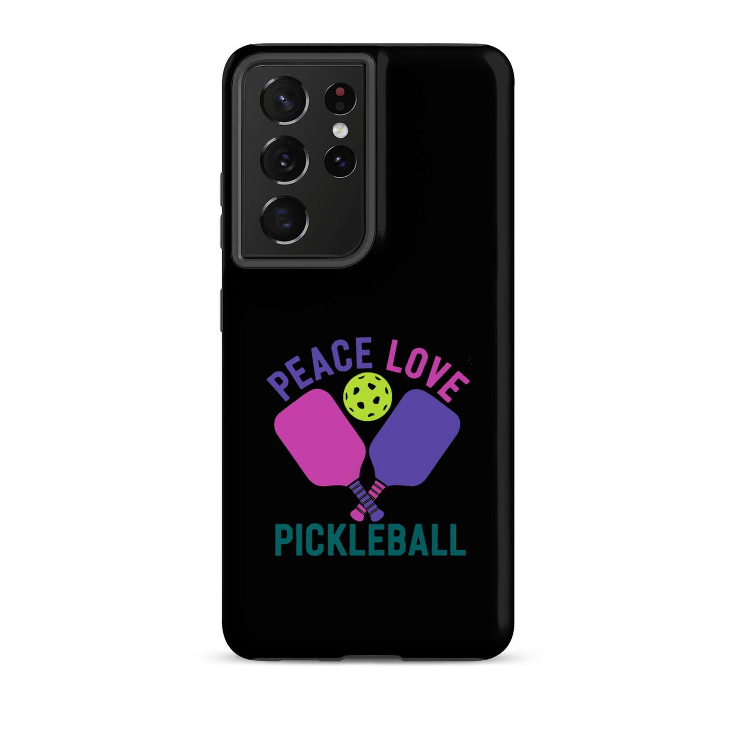 Peace, Love, Pickleball black tough case for Samsung Galaxy with graphic of paddles and ball.