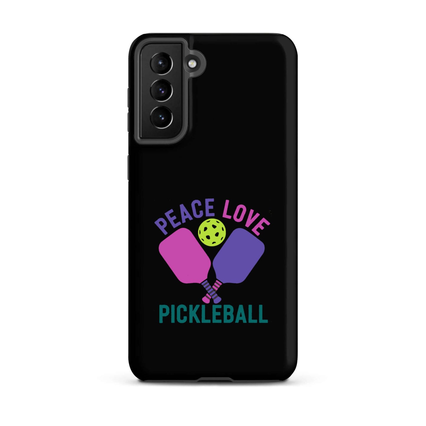 Peace Love Pickleball black tough case for Samsung Galaxy smartphones featuring colorful paddles and a pickleball.