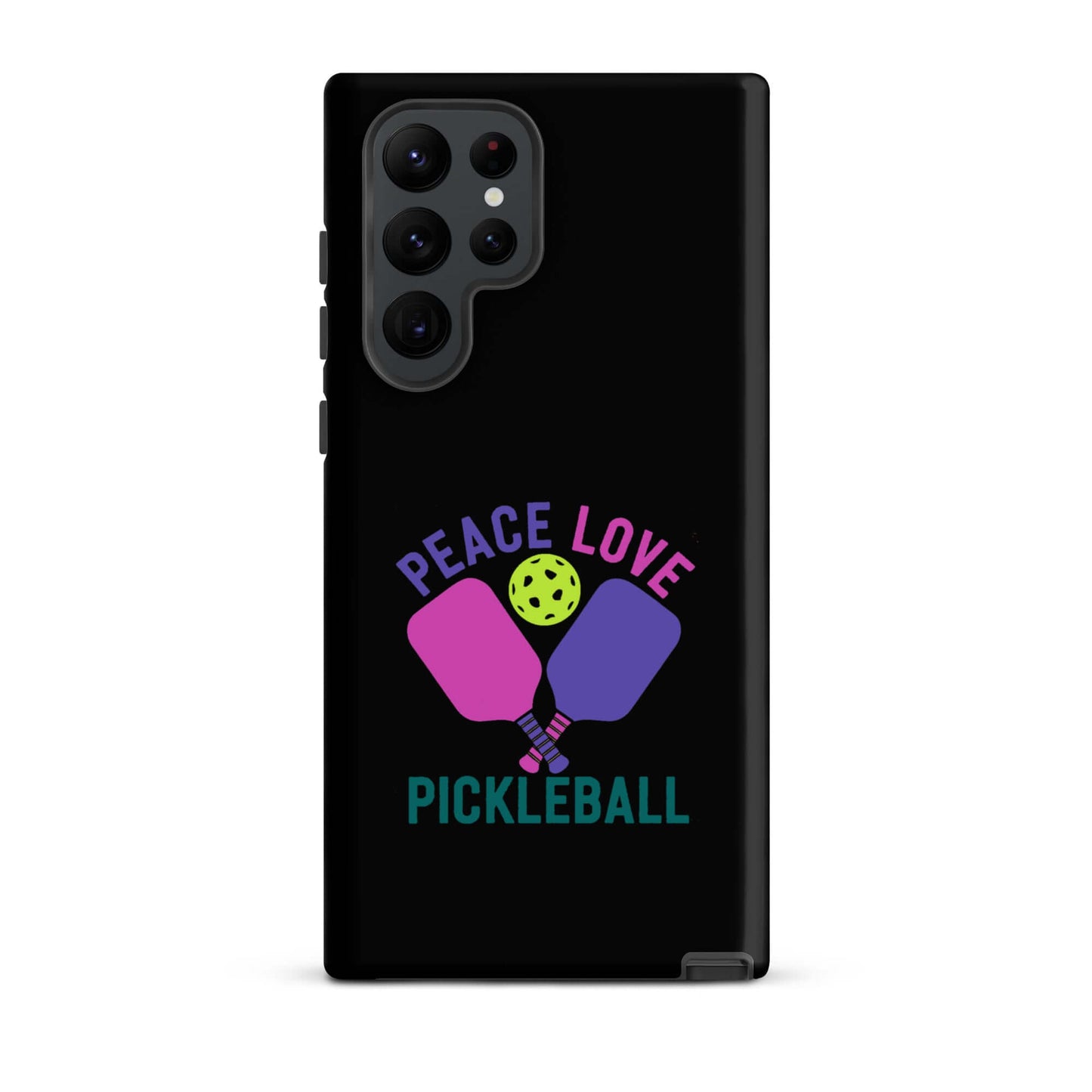 Peace, Love, Pickleball black tough case for Samsung Galaxy smartphones showcasing vibrant graphic design.
