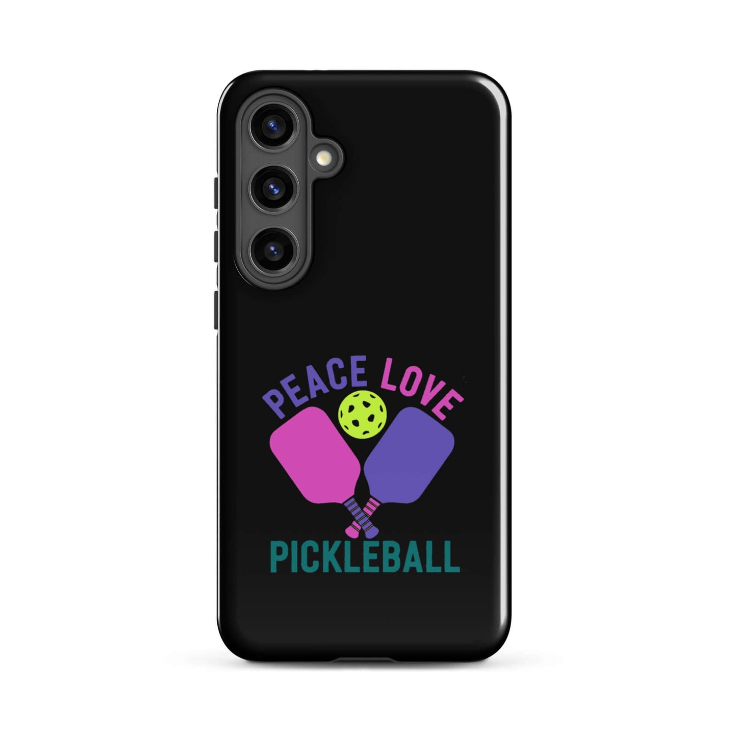 Peace Love Pickleball Black Tough Case for Samsung Galaxy, stylish and durable protection for pickleball fans.