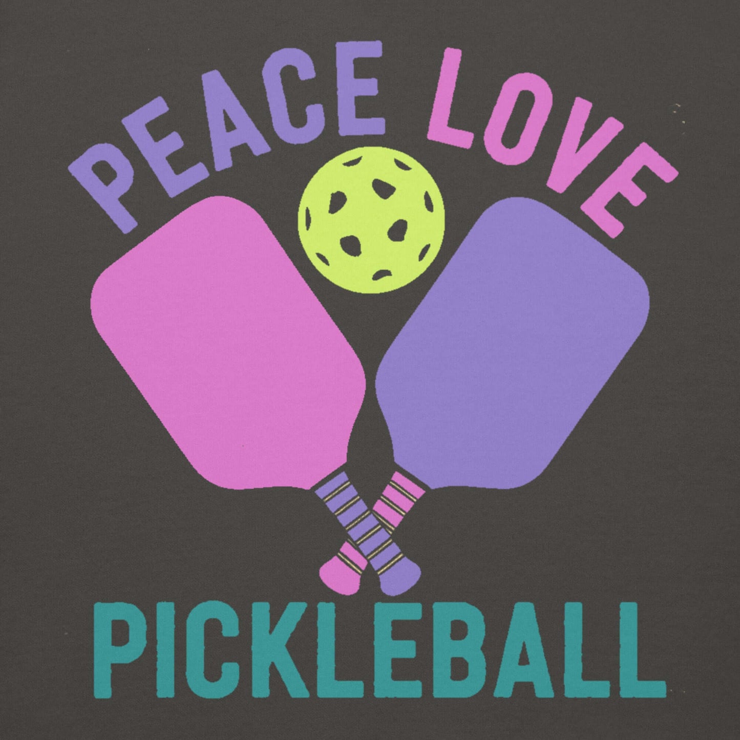 Graphic design featuring paddles and a ball with text: Peace Love Pickleball, perfect for pickleball lovers.
