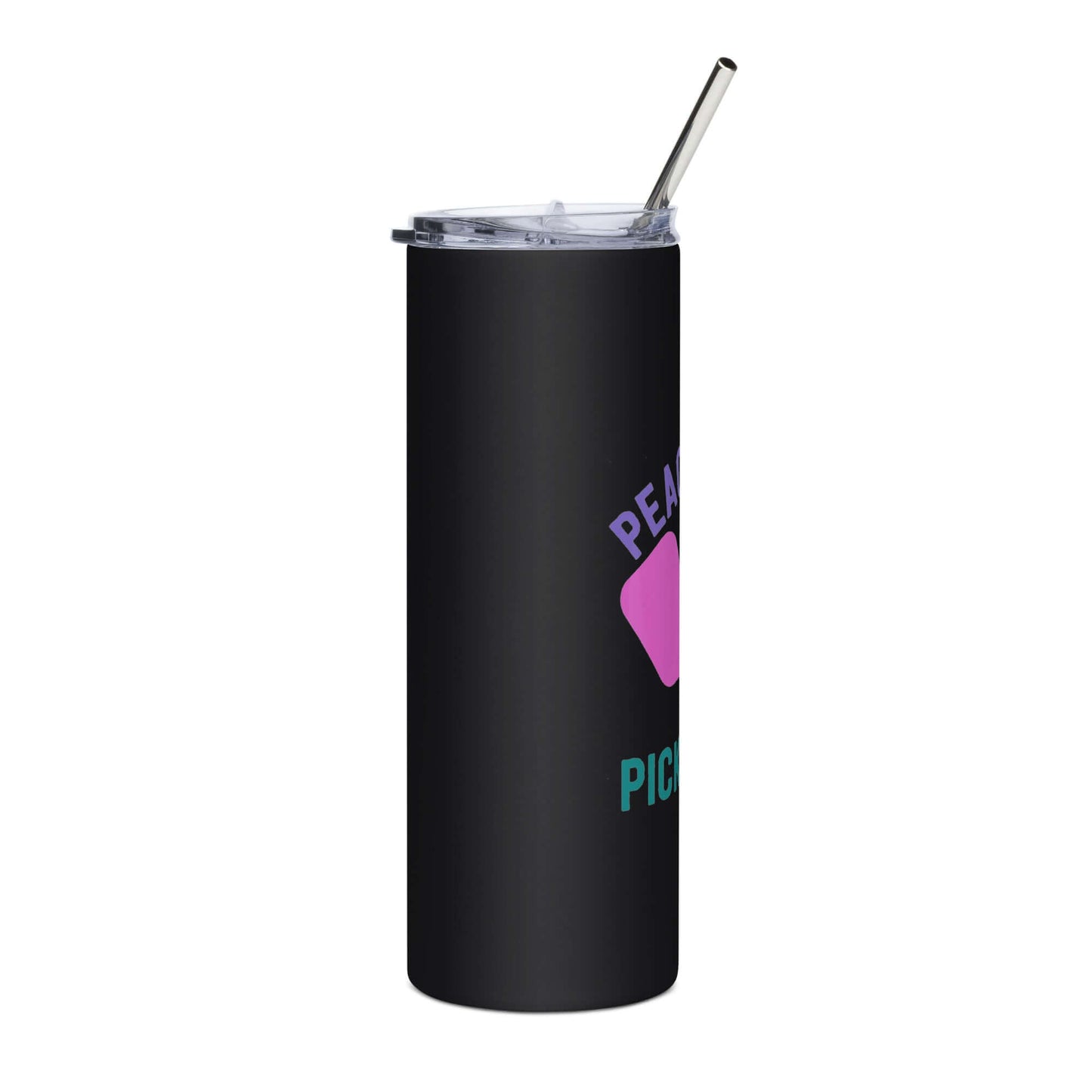 Peace, Love, Pickleball stainless steel tumbler with straw, perfect for hydration on and off the court.