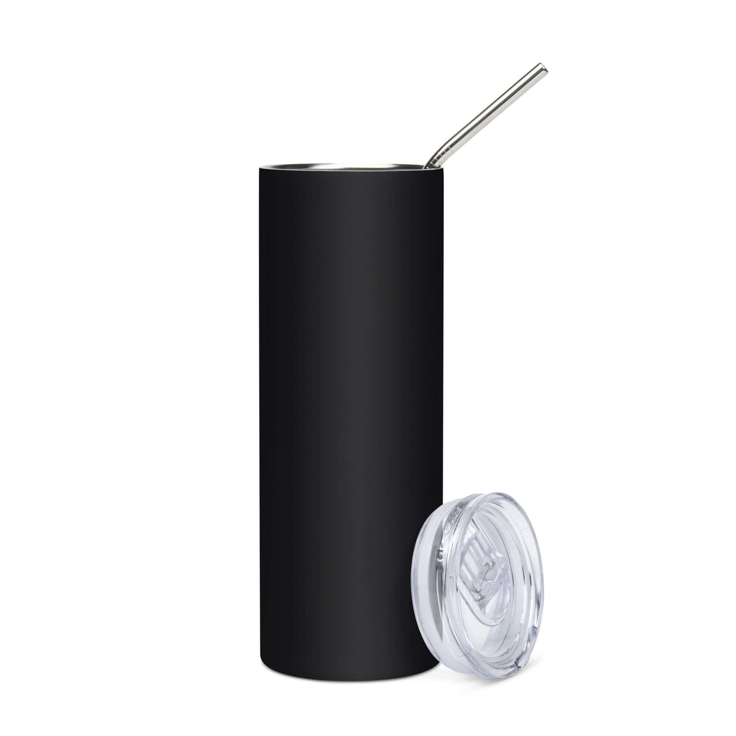 Black stainless steel tumbler with straw and clear lid, perfect for sipping beverages on the go.