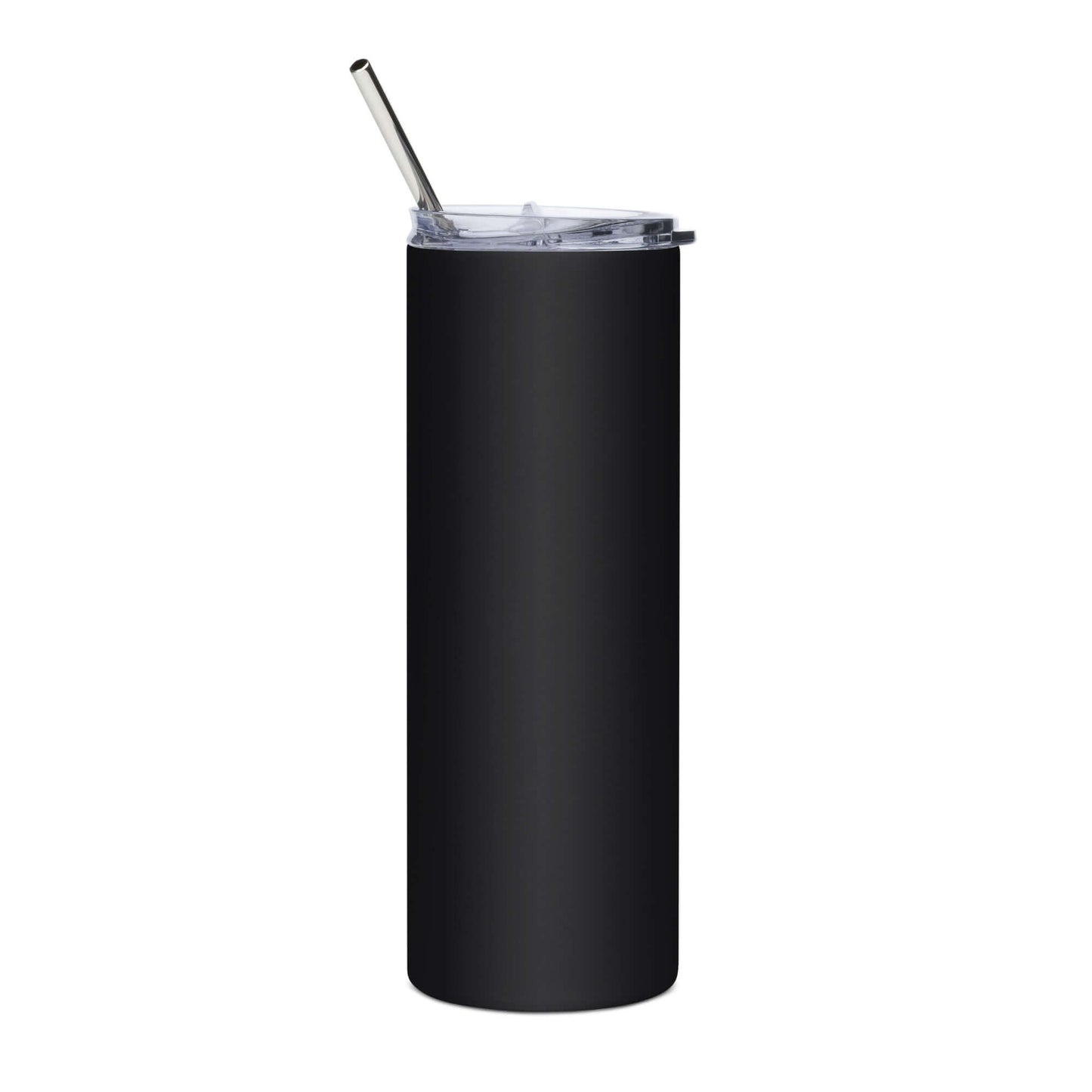 Black stainless steel tumbler with straw, perfect for staying hydrated and stylish.