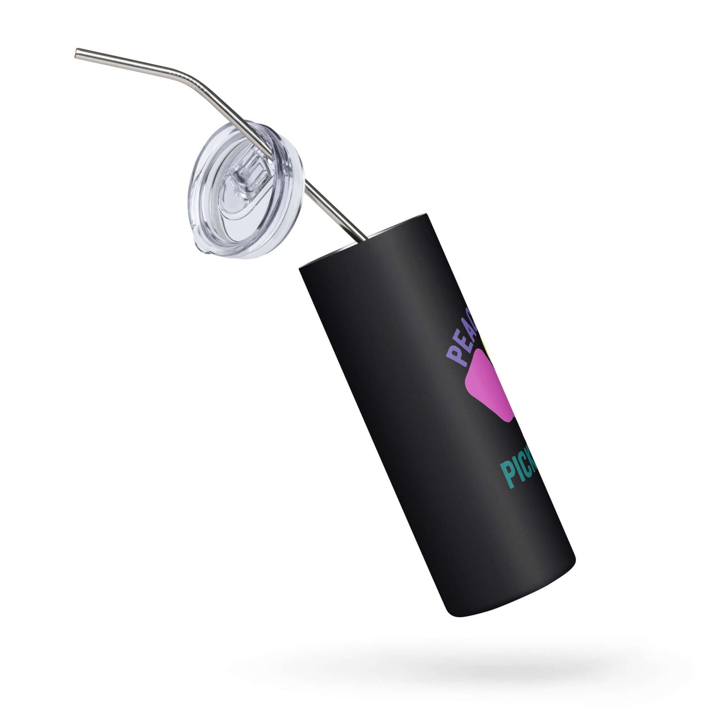 Peace, Love, Pickleball stainless steel tumbler with straw, ideal for hydration and stylish sipping on the go.