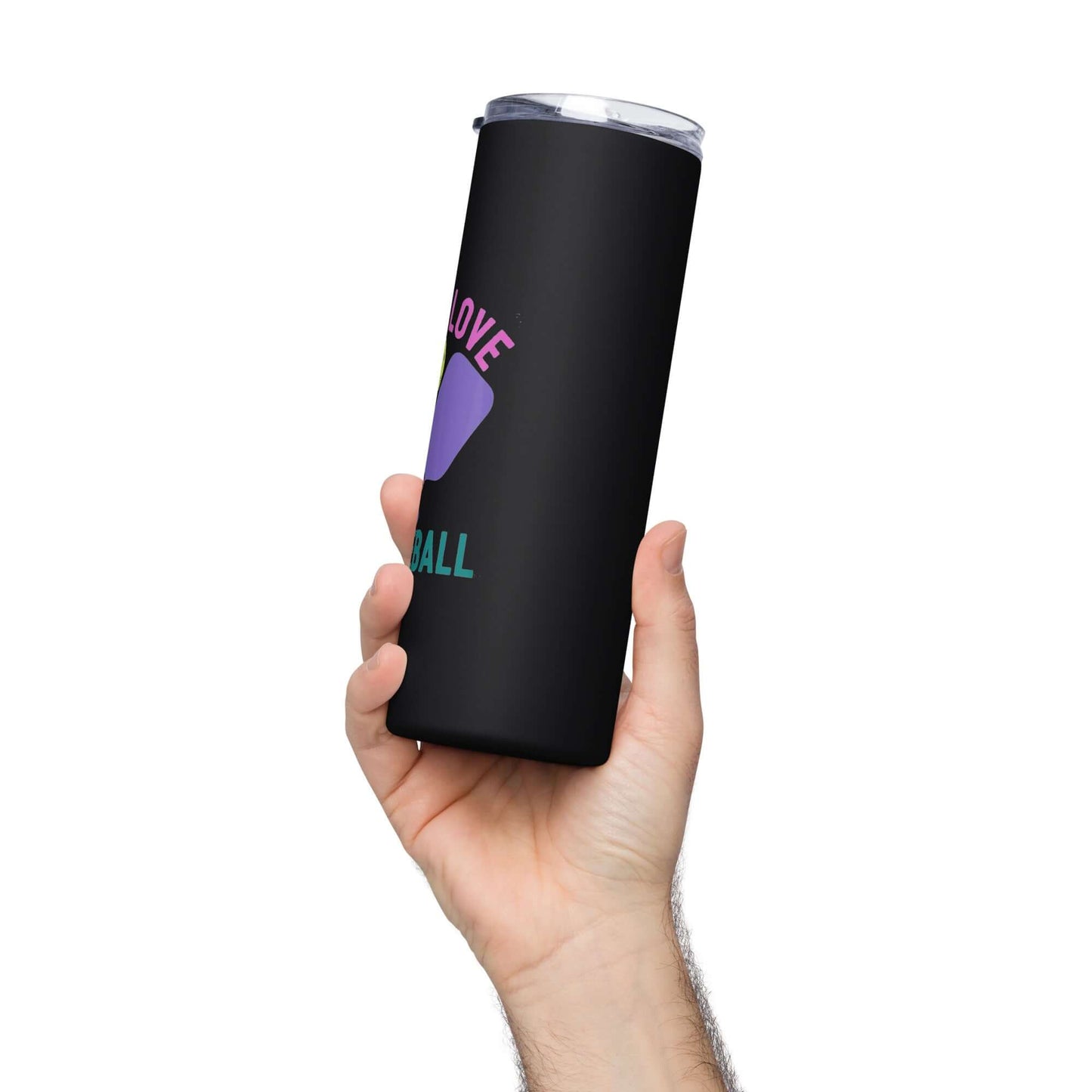 Person holding a Peace, Love, Pickleball stainless steel tumbler with colorful design.