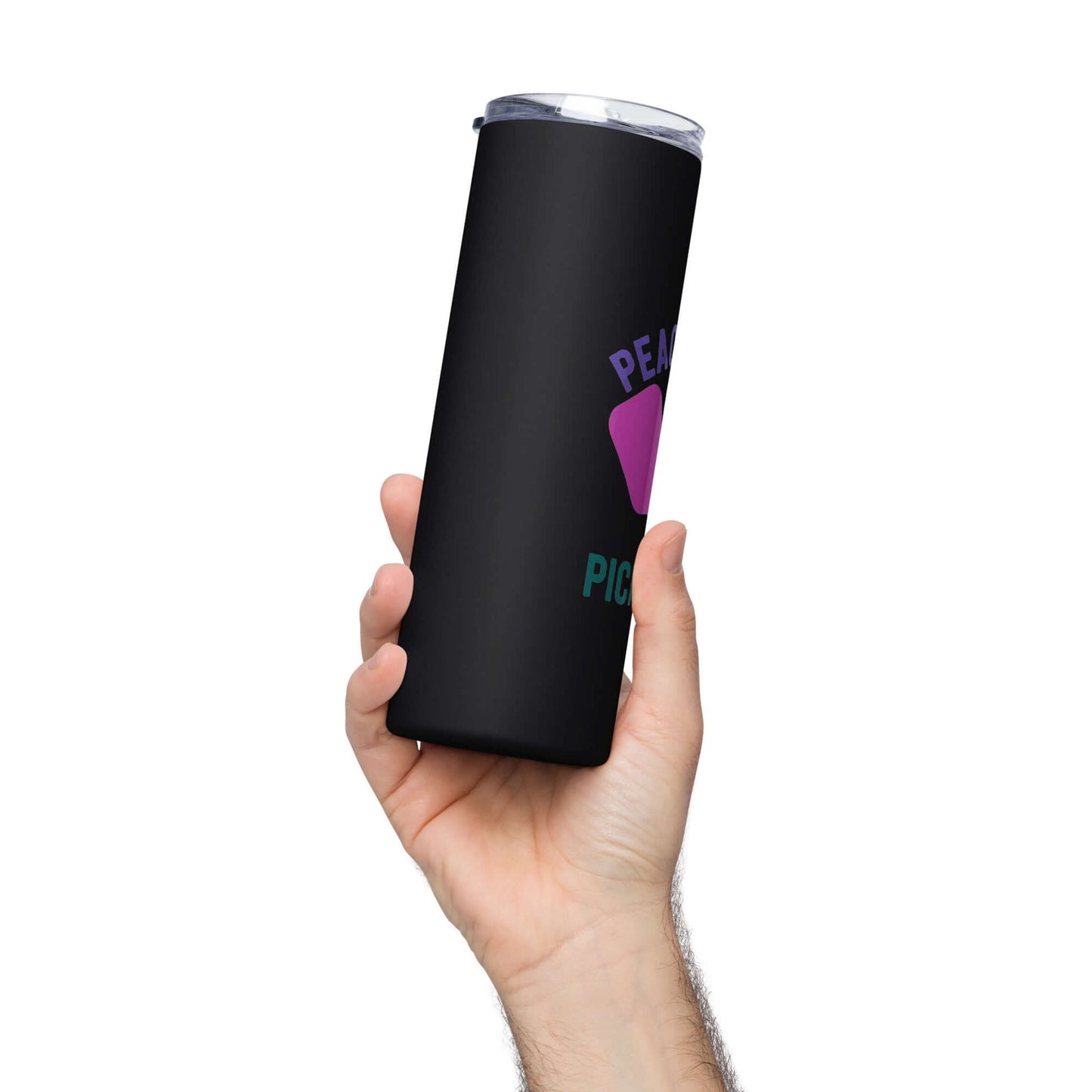 Person holding a stylish Peace, Love, Pickleball stainless steel tumbler with a sleek design.